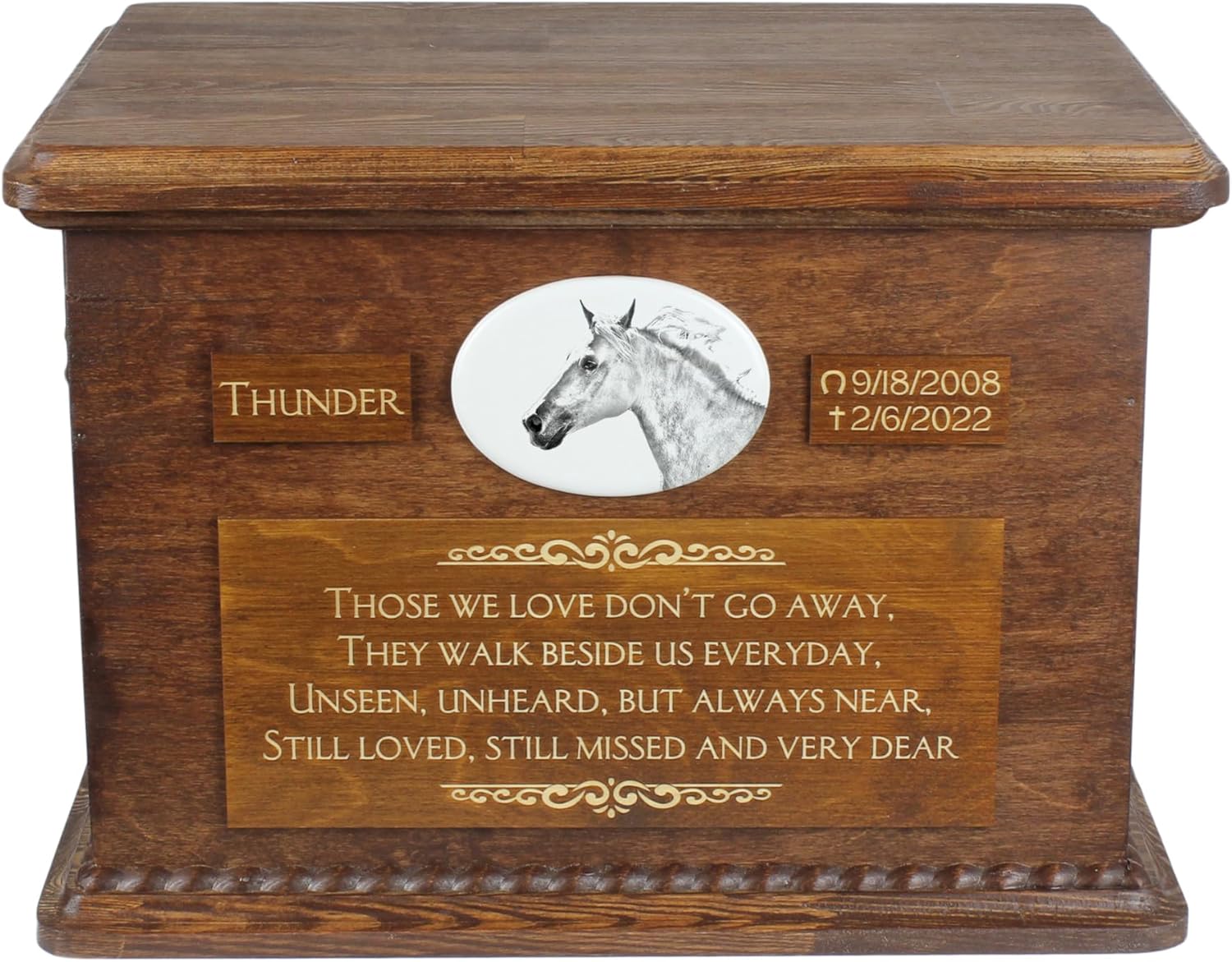 Art-Dog Big Urn for Horse Ashes - Handmade Memorial with Photo - Personalized Custom Horse Urn with Brass Handles and Ceramic Plaque - 15.7x11.8x11” – Barb Horse
