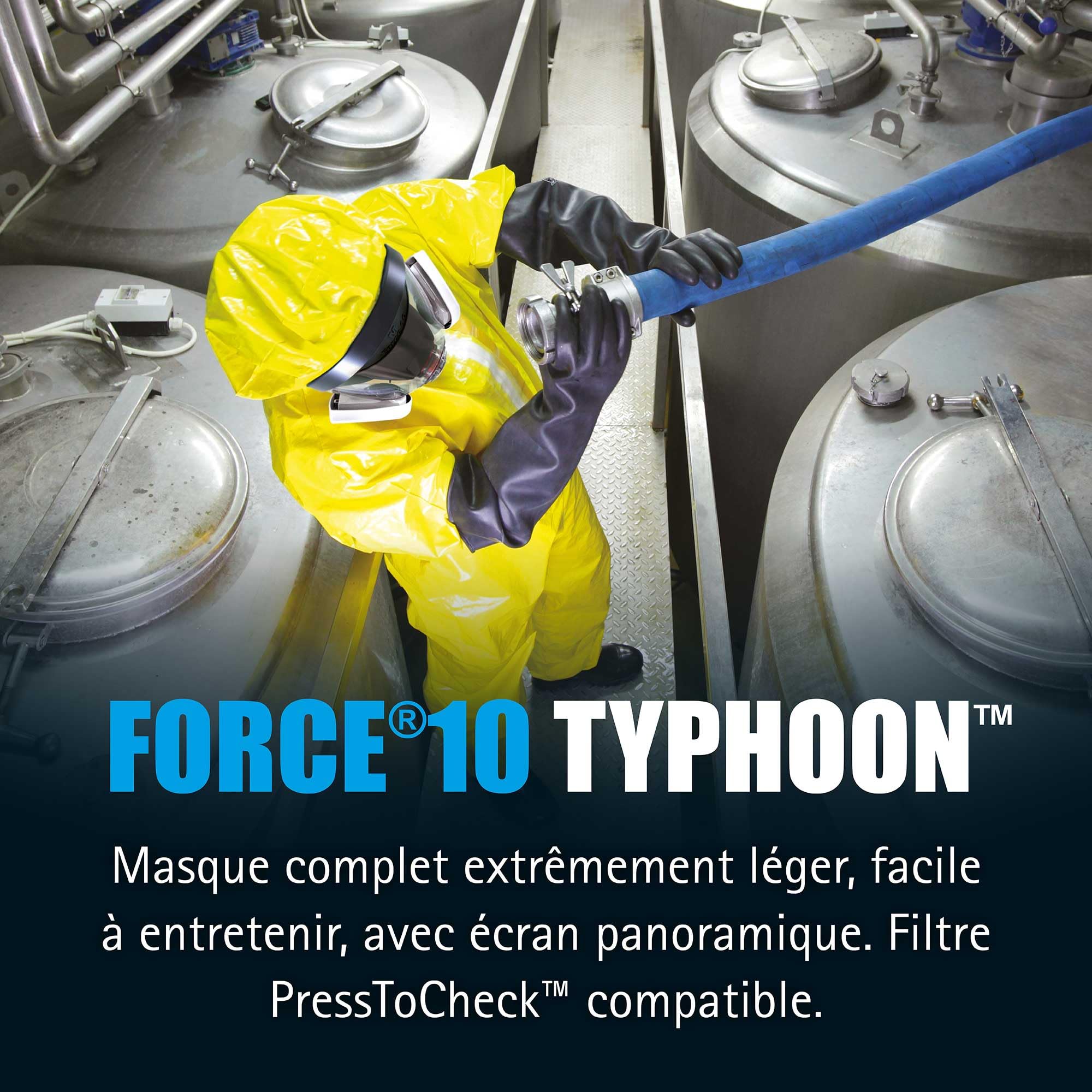 JSP FORCE10 Typhoon Masque Complet Réutilisable Taille L | Compatible filtres PressToCheck pour poussières, vapeurs, gaz, peinture. Sans filtre. EN 136 certifié.