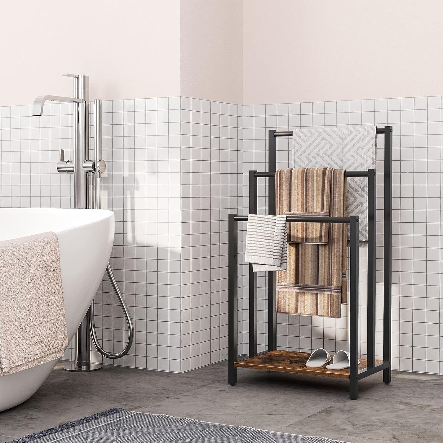 Toallero de pie Soporte de Suelo Soporte para Manta Independiente De 3 Niveles, Escalera, Toallero, Estante para con para Baño Estilo Industrial Minimalista