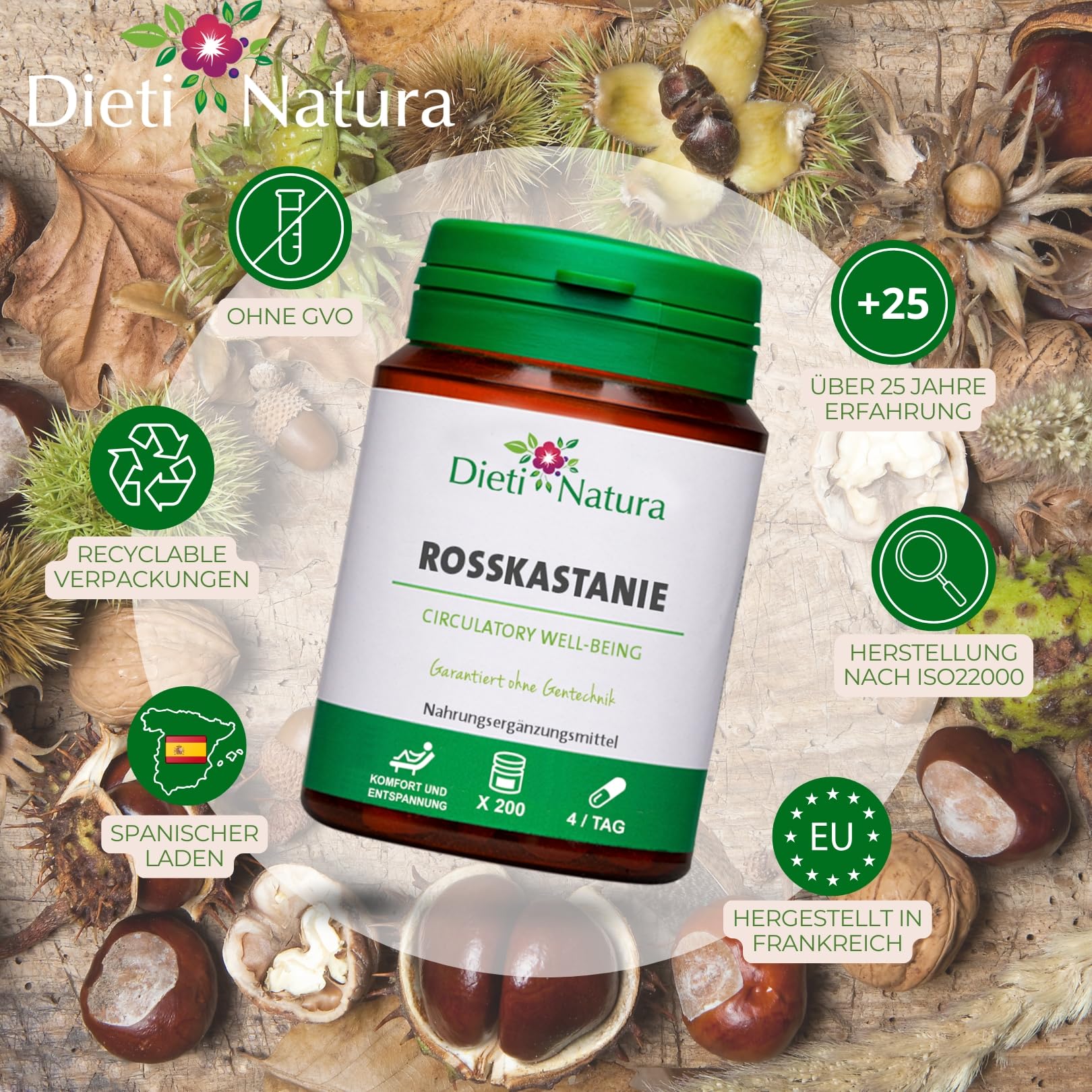 Dieti Natura Rosskastanie, natürliche Linderung für müde und schwere Beine, verbessert die Durchblutung und venöse Gesundheit, Ergänzung für Krampfadern, Schwellungen und Flüssigkeitsretention, 3