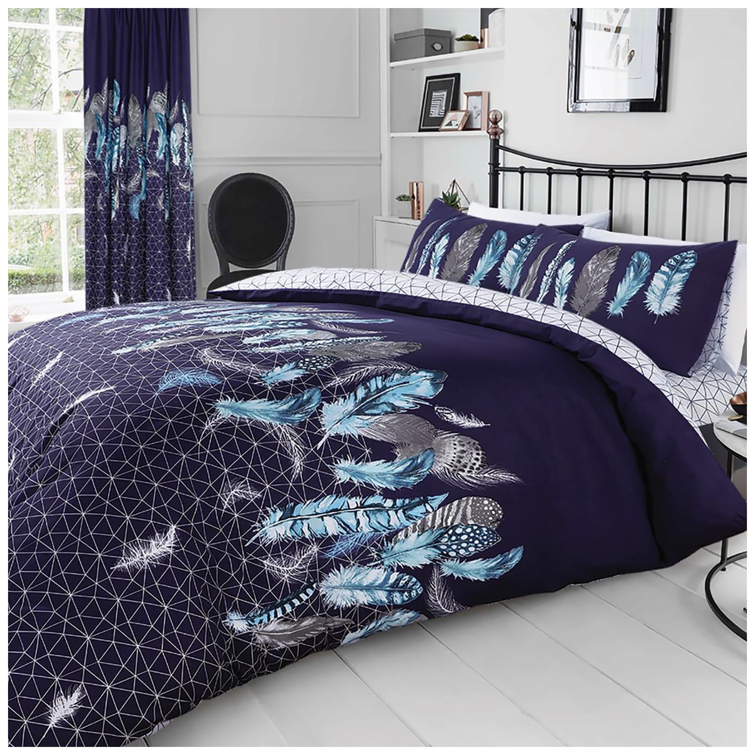 GC GAVENO CAVAILIA Feather Bedding Set, Printed Duvet Cover King Size, Comfy Breathable Quilt Cover, Navy
