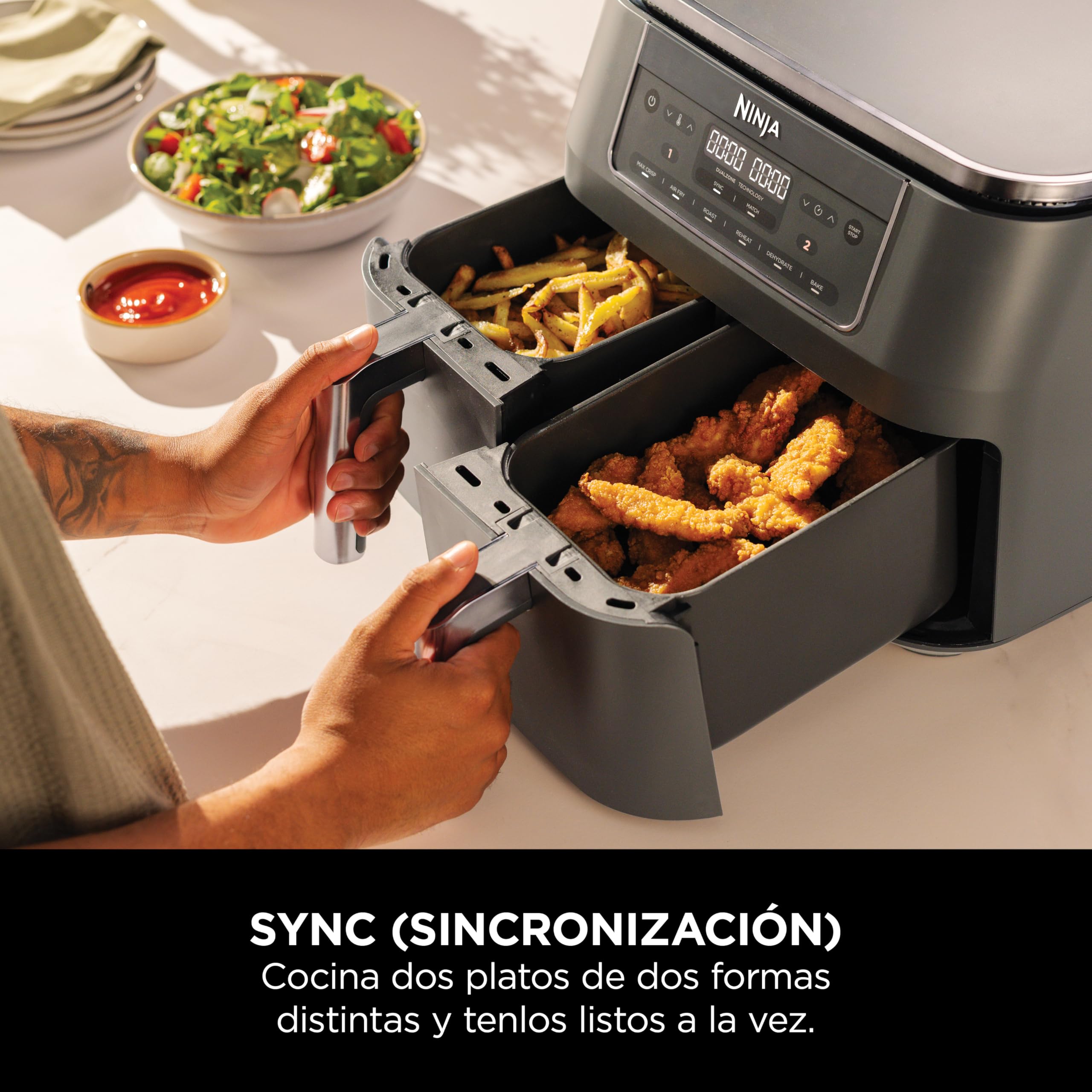 Ninja Freidora de aire con compartimento doble, 2 cajones, 7,6 l, 6 en 1, sin aceite, fríe con aire, gratina, asa, hornea, recalienta, deshidrata, cestas antiadherentes, gris metalizado DZ300EU