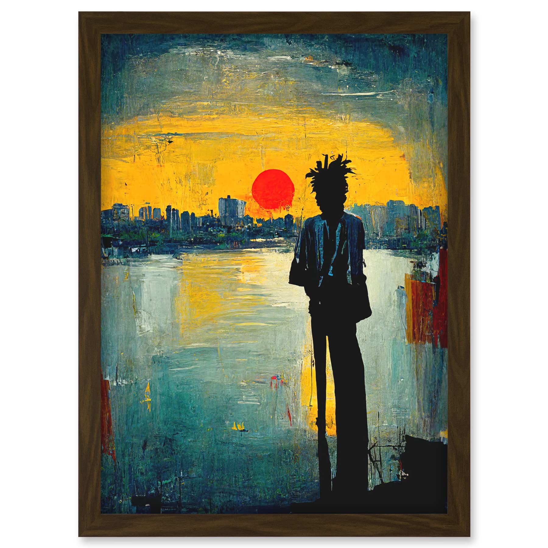 Doppelganger33 LTD Dramatic Sunset Silhouette City Skyline Lake Oil Painting Artwork Framed A3 Wall Art Print