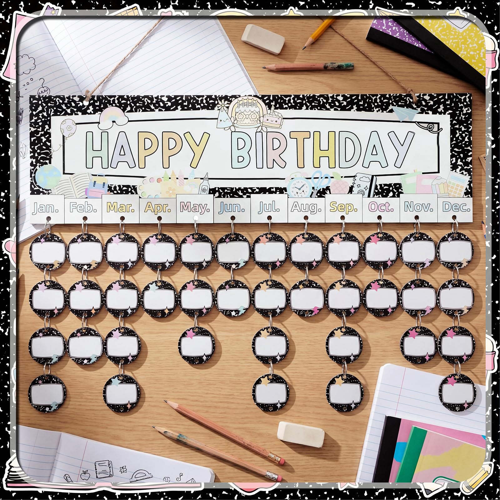 Lineshading Calendario di compleanno pastello da appendere alla parete, quaderno per composizioni e decorazioni in classe, calendario fai da te, bacheca con 100 etichette in legno per il rientro a