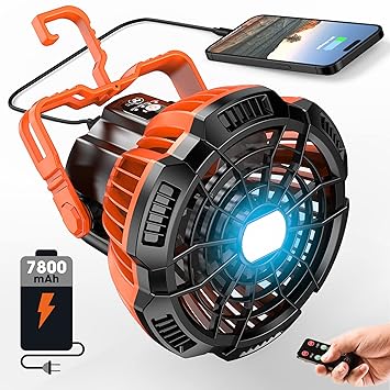 qyuhe Rechargeable Camping Fan Portable Desk Fan with Light, 25 Hours Office Personal Fan with Remote Control, 7800 mAh Power Bank, USB Mini Fan for Tents Bedroom Office Table Car Outdoor