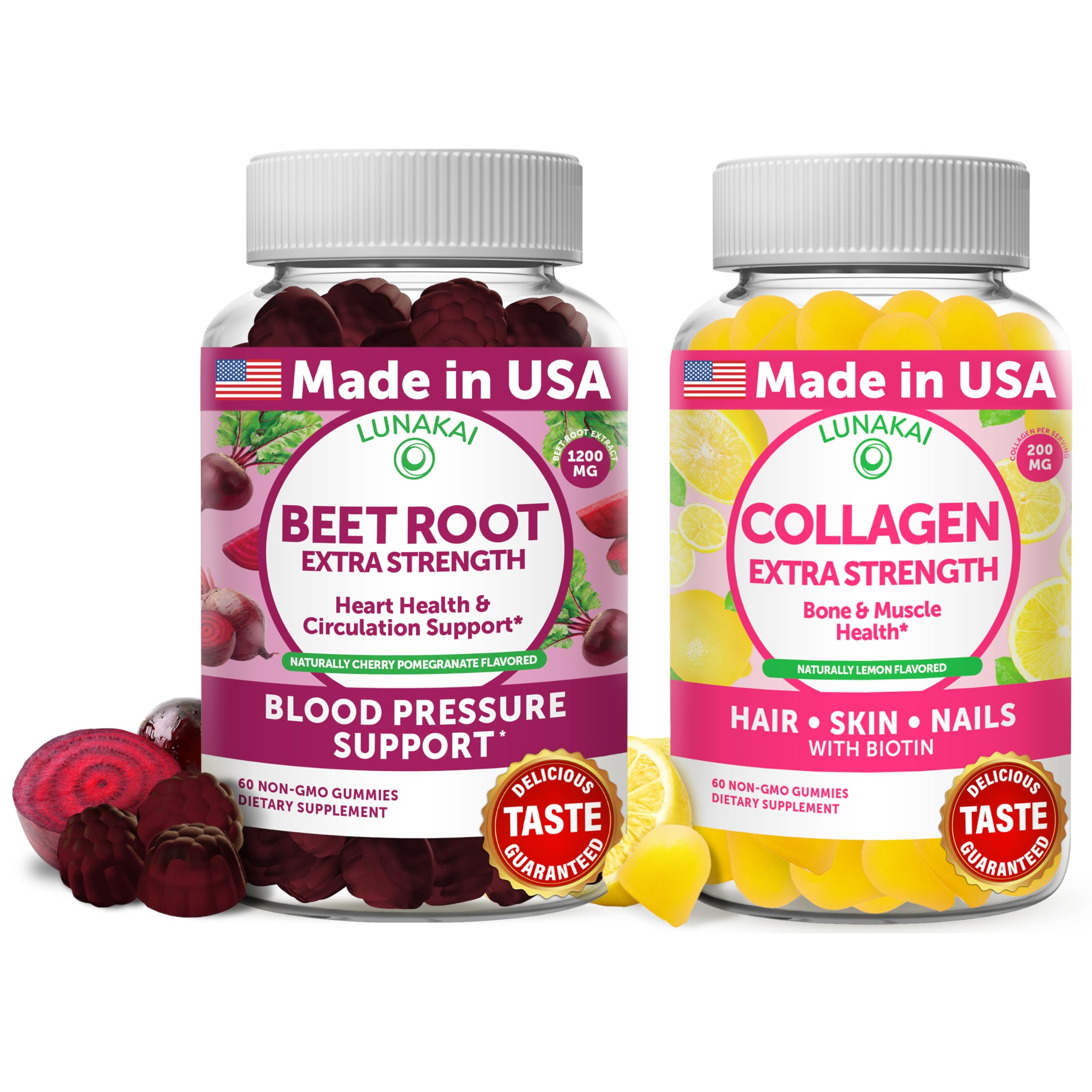 Lunakai Beet Root and Collagen Gummies Bundle 200mg Hydrolyzed Collagen Gummies for Women and Men with Biotin, Zinc, Vitamin C and E - Non-GMO Anti Aging