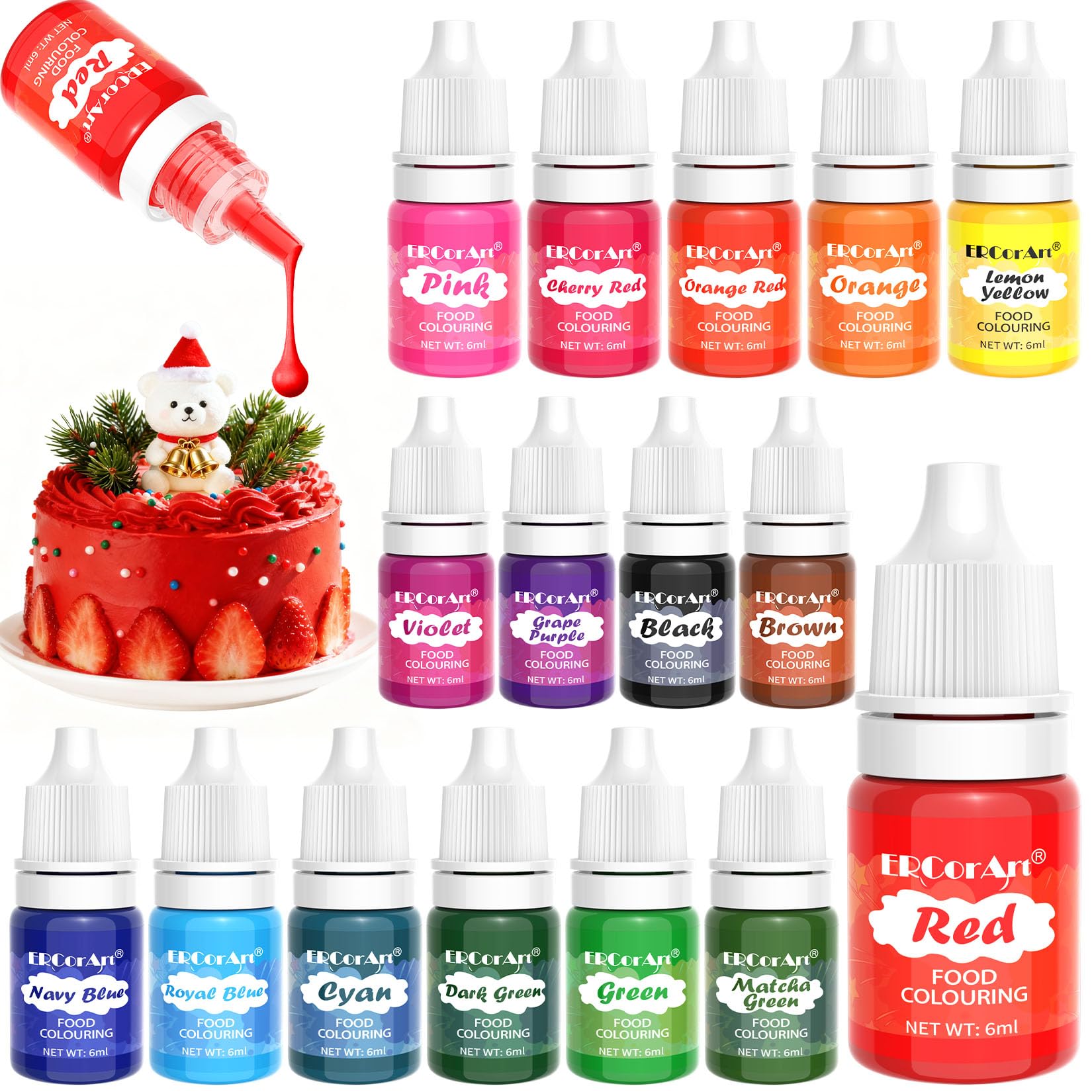 Food Colouring - 16 Colour Vivid Food Colouring Liquid, Concentrated Icing Food Colour Dye for Cake Decorating, Cooking, Fondant, Macaron, Slime Making, DIY Soap Making- 6 ml