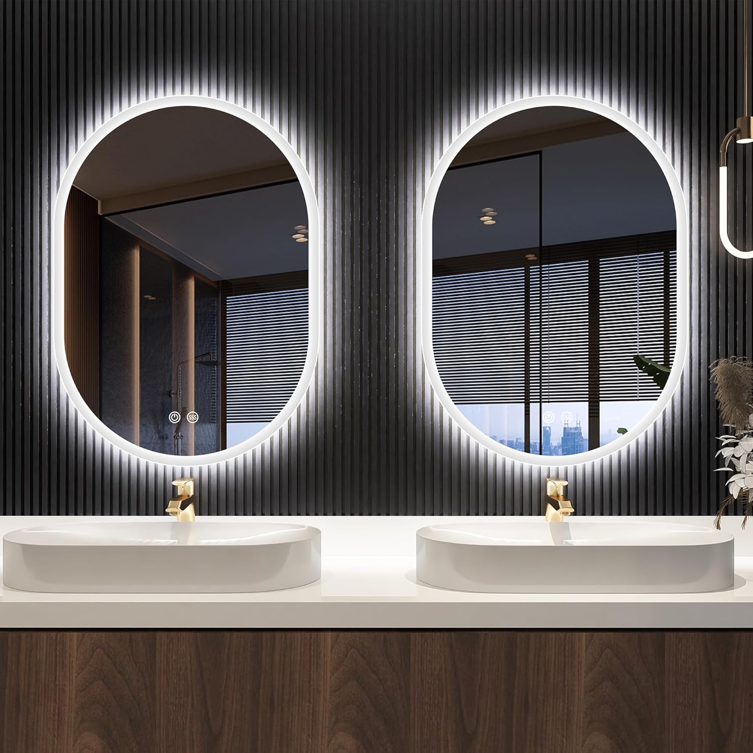 S'bagno 2pcs 28x20 inch Oval-Led-Bathroom-Mirror Dimmable Brightness, Lghted-Bathroom-Mirror with Defogger, Touch-Buttons, Lights Color Changing, Vertical and Horizontal