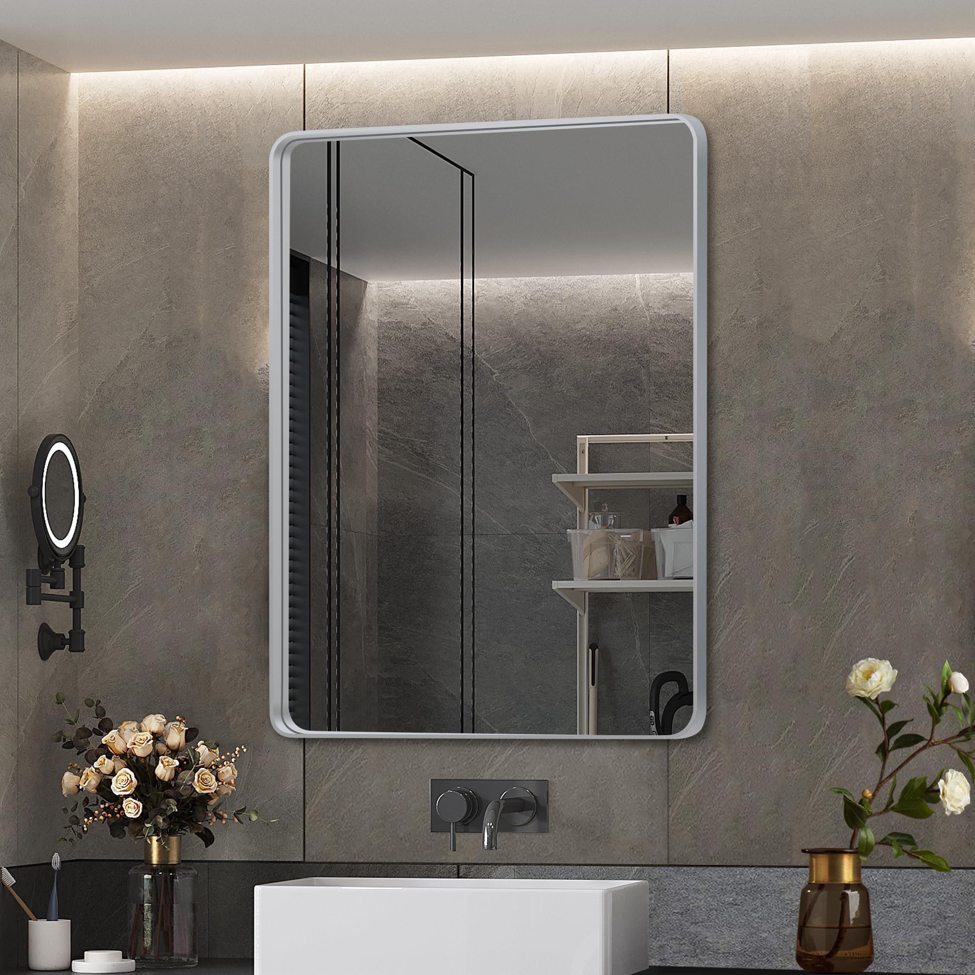 Wanzvisk 22x30 Silver Bathroom Mirror, Wall Mounted Bathroom Vanity Mirror, Rectangluar Metal Framed Mirror (Horizontal/Vertical)