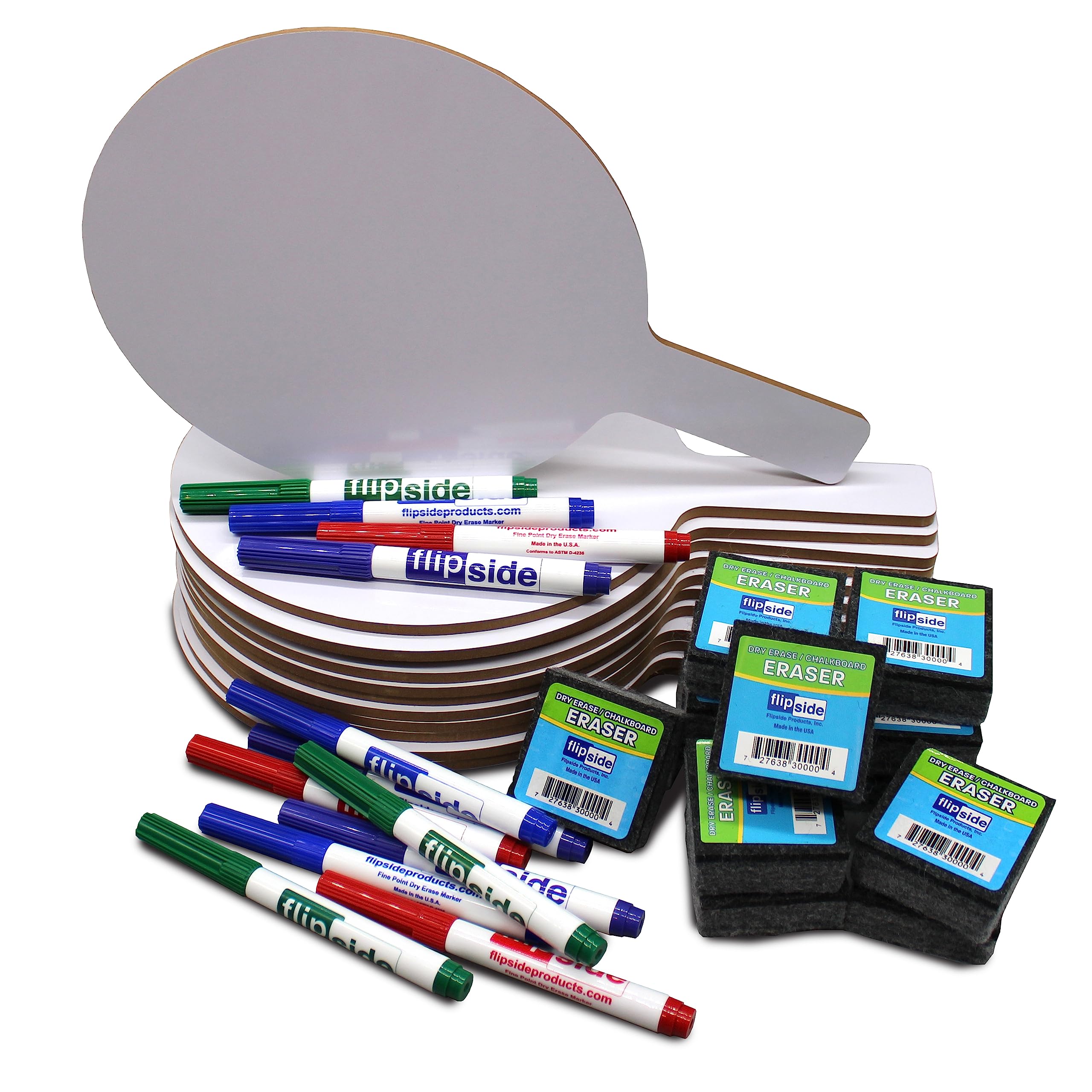 Flipside Products Oval Dry Erase Answer Paddles w/Assorted Color Dry Erase Marker and Erasers, Auction, Handheld Whiteboard, Handle Response Board, 36