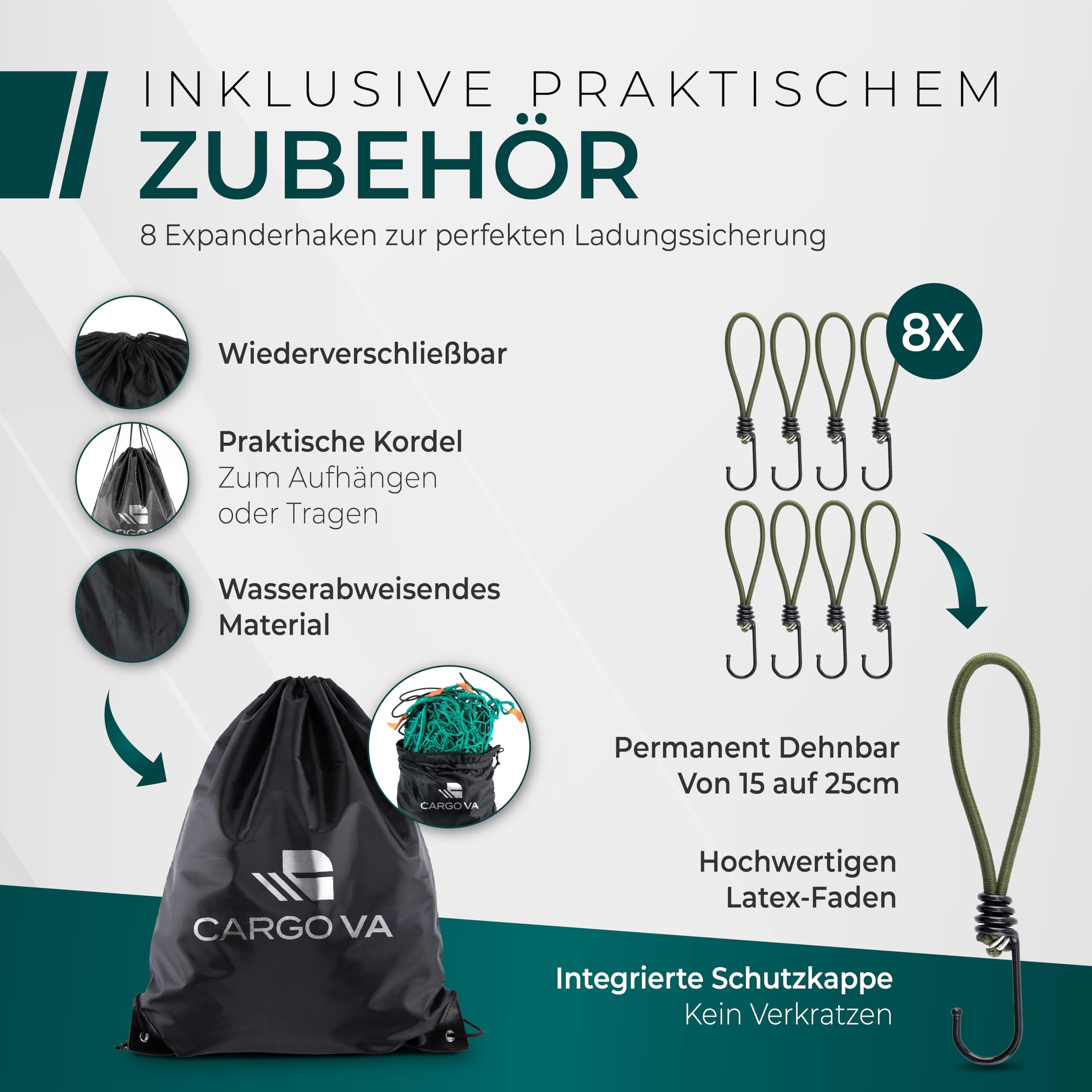 CargoVA Anhängernetz 2x4M [DEKRA Geprüft] - Ladungssicherungsnetz mit Gummiseil & Eckenmarkierung - Abdecknetz für Anhänger, Reißfest