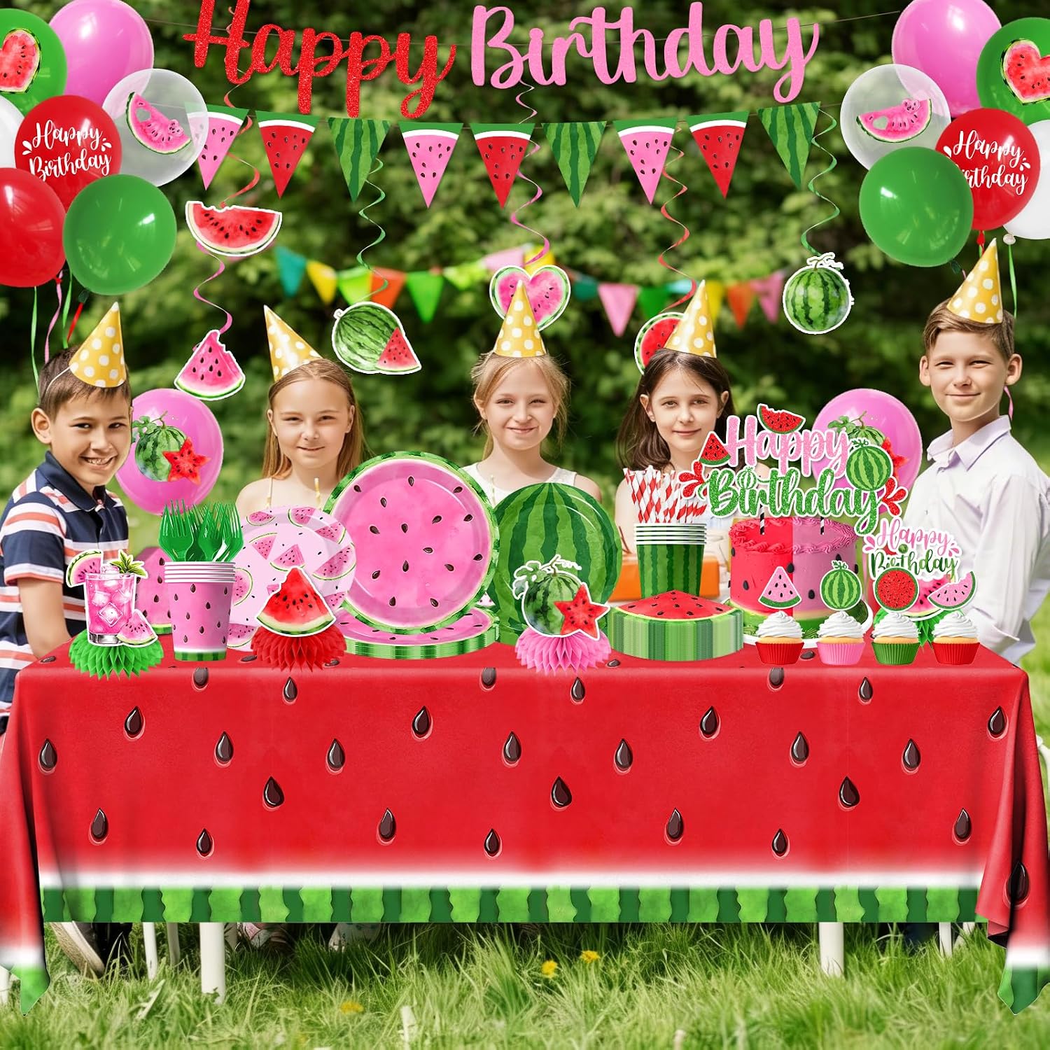 Watermelon Party Decorations Summer Fruit Party Supplies Red Green Pink Watermelon Plates ,Napkins, Forks, Balloons, Banner, Cupcake Toppers,Tablecloth for One in a Melon Birthday Party Serves 24