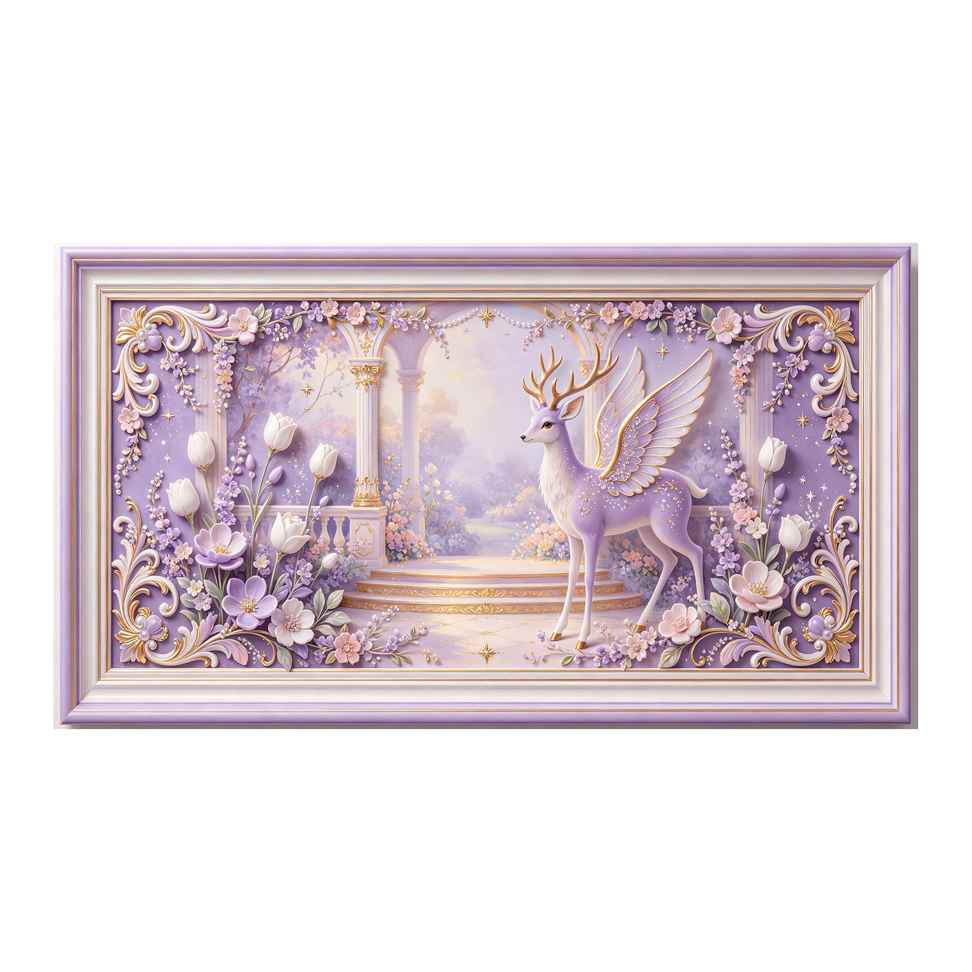 Yzpallescene 3D 3D Framed Wall Art 50cm×90cm Fantasy Deer Garden Neoclassical Pastel Floral Large Size SelfAdhesive Removable Wall Decor Prints Artwork for Living Room Bedroom Office