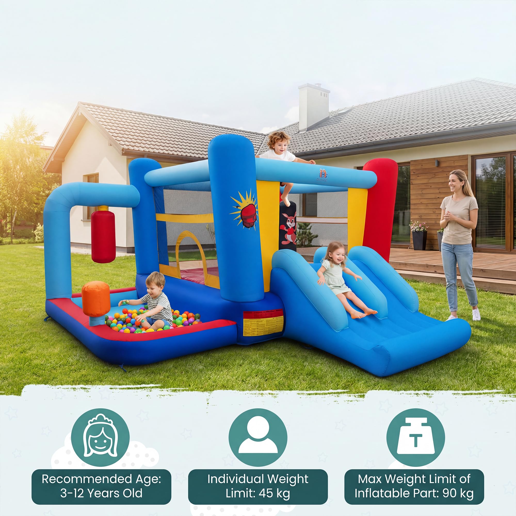 Giantex - Castillo hinchable para niños, exterior, con soplador, 550 W, parque acuático inflable con bolsas de golpeo, piscina, cesta de baloncesto, tobogán, para niños y niñas, 3-12 años, carga 90 kg