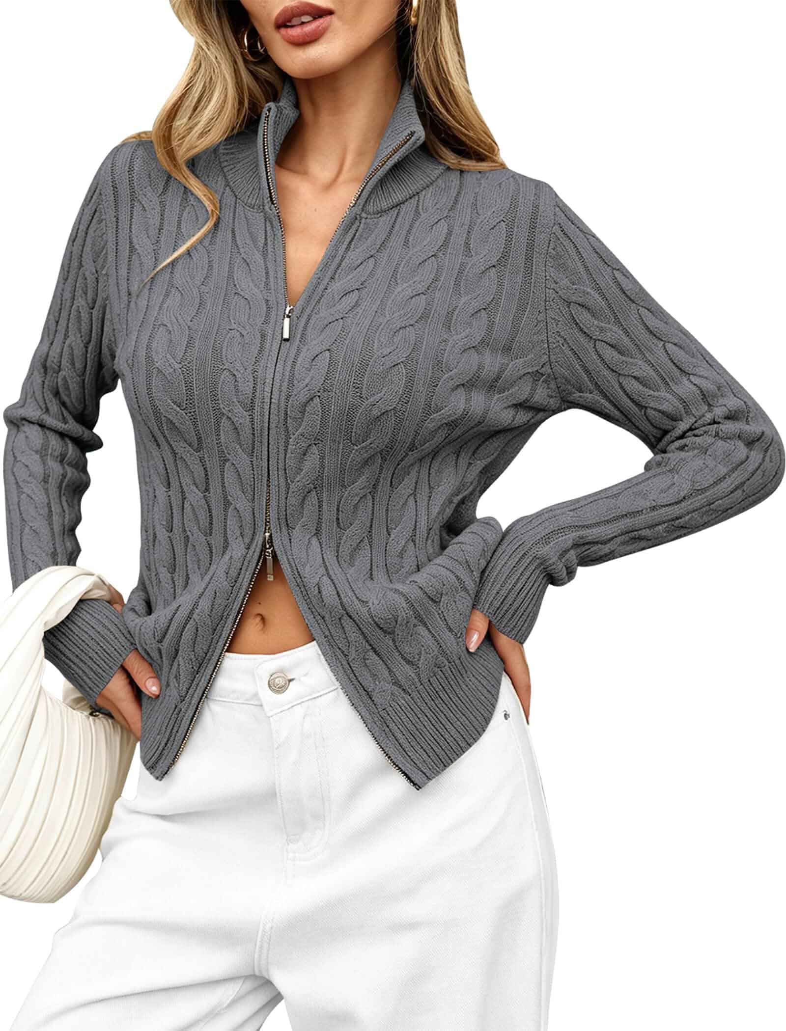 Cakulo Women's Cable Knit Two Way Zip Up Cardigan Sweaters Stand Collar, Fitted Tops, Sweater Jacket, Old Money, Business Casual Work, Office Wear, Layering Piece for Fall Winter