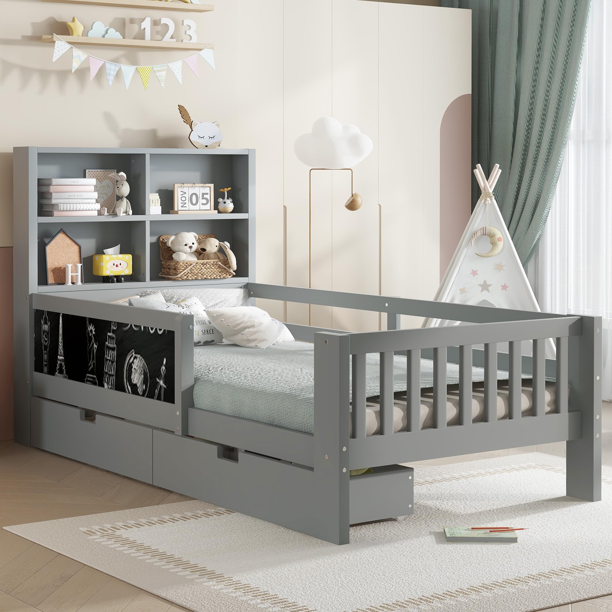 Bellemave Twin Size Platform Bed Frame with Storage Headboard, 2 Drawers and Chalkboard, Twin Size Beds Frame with Rails on Both Sides, Wood Bed Frame