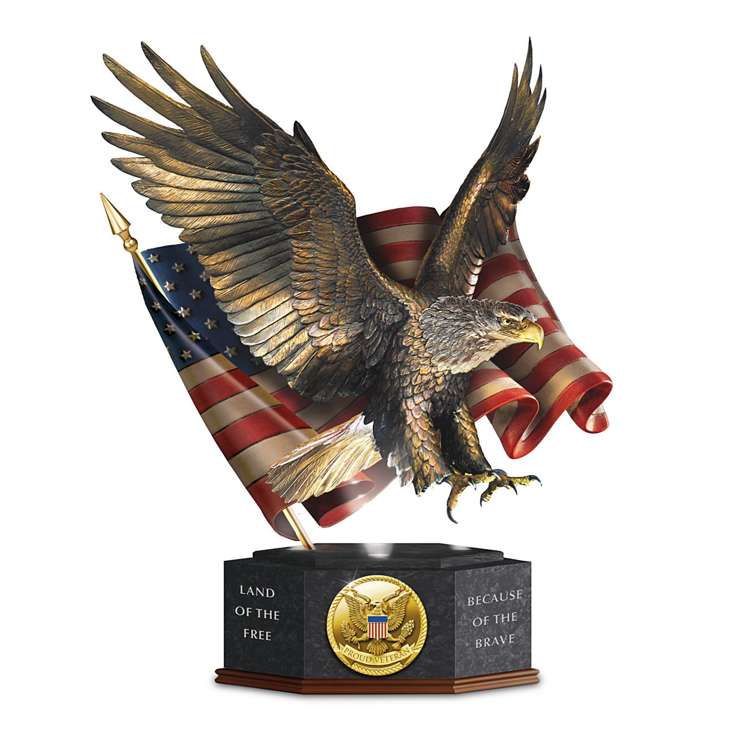 The Bradford Exchange Pride of America Eagle Sculpture, LED-Illuminated, Veterans Tribute, 12 inches, Bronze and Black