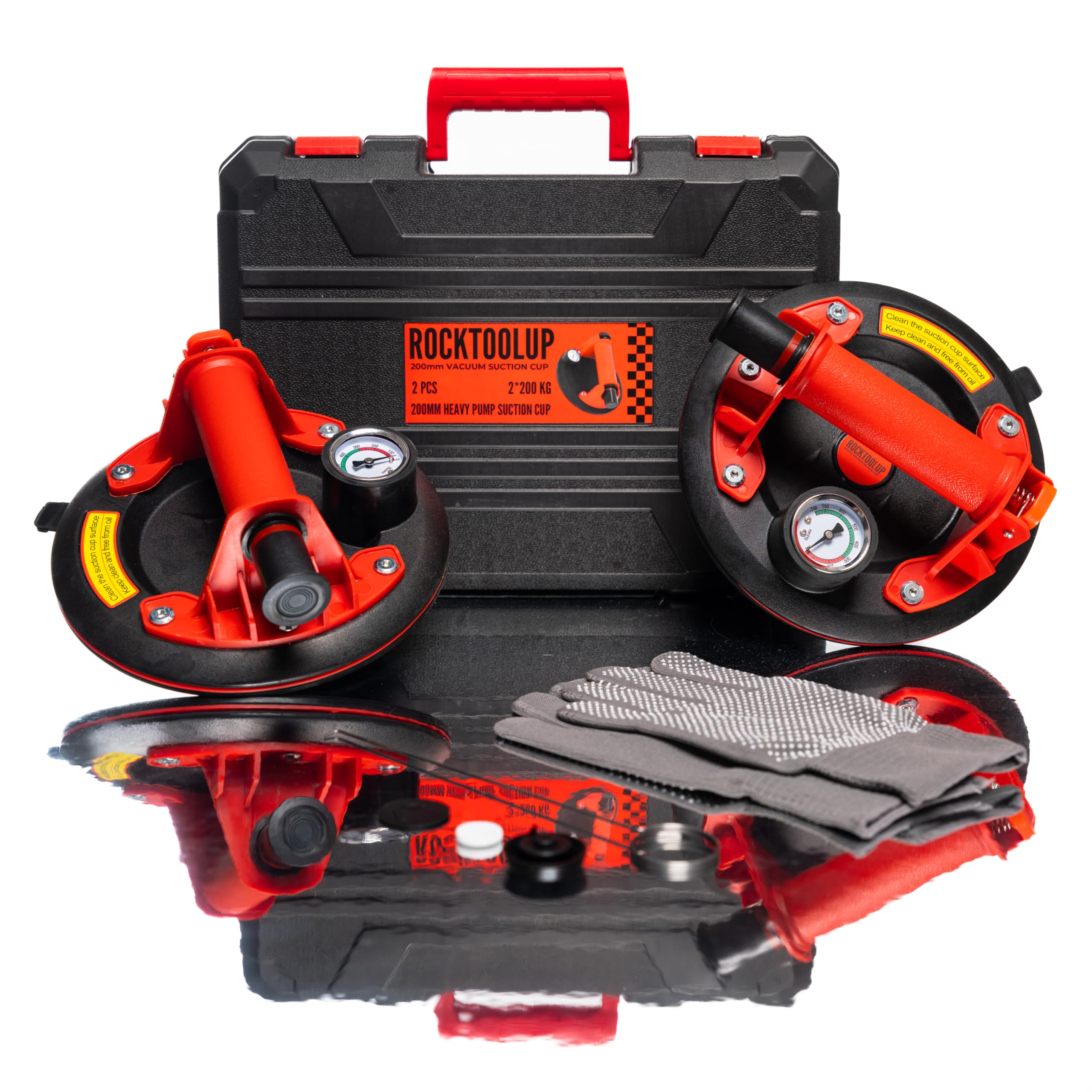 2 Ventouses Carrelage RockToolUp 200mm avec Manomètre | Capacité jusque 400kg, Professionnelles, Pour Carreaux, Pare-brise, Meuble, Déménagement, Kit & Malette incluse