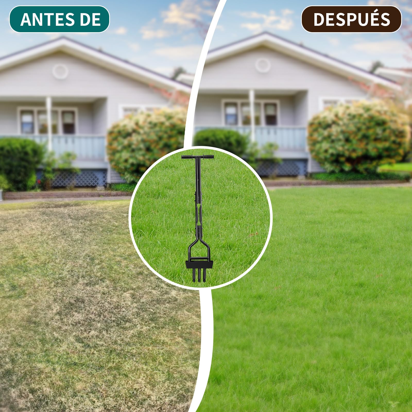 HYCHIKA Aireador de Césped, Aireador de Púas Huecas con 3 Púas Huecas, Caja de Recogida de la Columna de Tierra, Mango en T, Herramienta Manual de Aireación de Césped para Jardín, Cuidado del césped