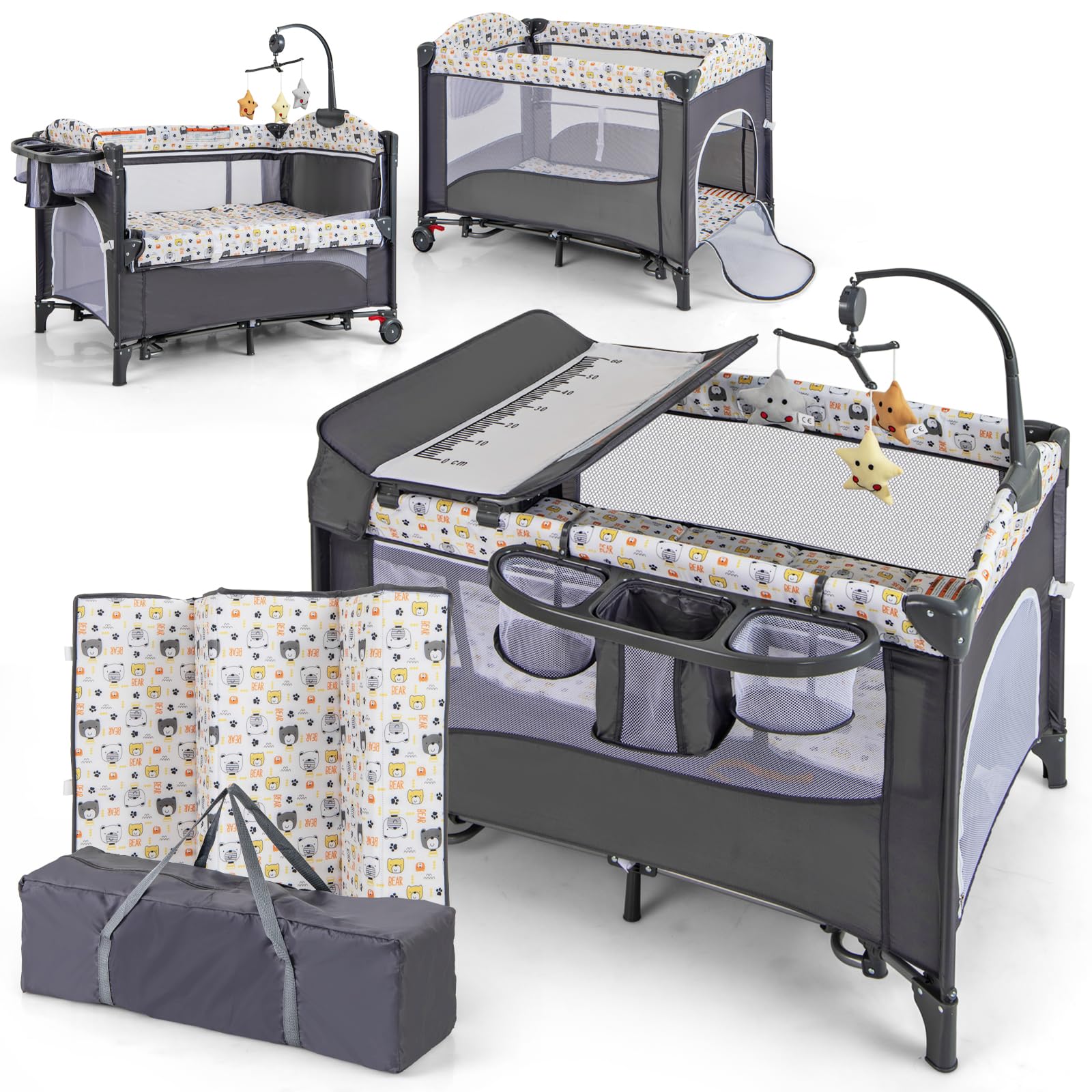 RELAX4LIFE 5 in 1 Lettino Neonato, Lettino da Campeggio con Fasciatoio e Cintura di Fissaggio, Altezza Regolabile in 4 Livelli, Adatto a Bambini 0-36 Mesi, 110 x 76 x 82,5cm (Beige)