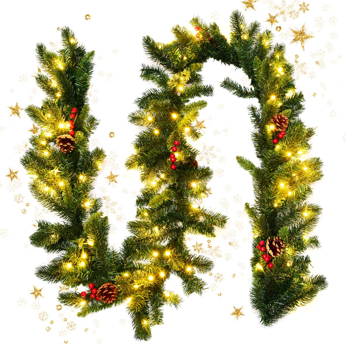 KOMFOTTEU Guirlande de Noël 270 cm avec Éclairage LED, Couronne de Sapin Artificiel pour Escaliers et Cheminées, Décoration de Noël avec Baies Rouges et Ananas