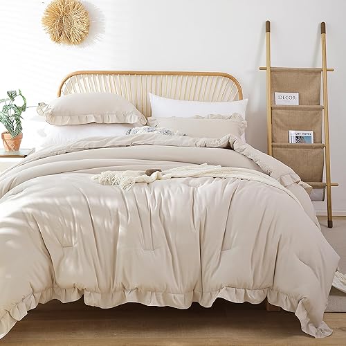 JANZAA - Juego de 1 edredón acolchado tamaño queen y 2 fundas de almohada, con volantes, suaves, de estilo vintage, shabby chic para todas las