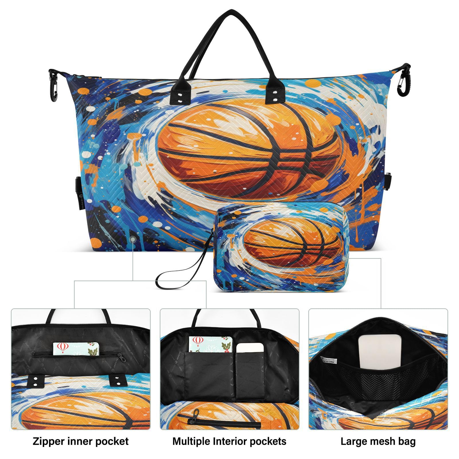 Watercolor Sport Basketball Sports Swim Gym Bag Weekender Duffel Travel Bags Handbag with Makeup Storage Bag for Girls Men