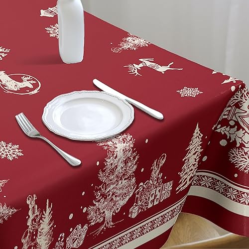 Miniatura 4 de Mantel ovalado de Navidad de 60 x 102 pulgadas, mantel de Navidad con diseño de árbol de Navidad, alce, Papá Noel, copo de nieve, color rojo,