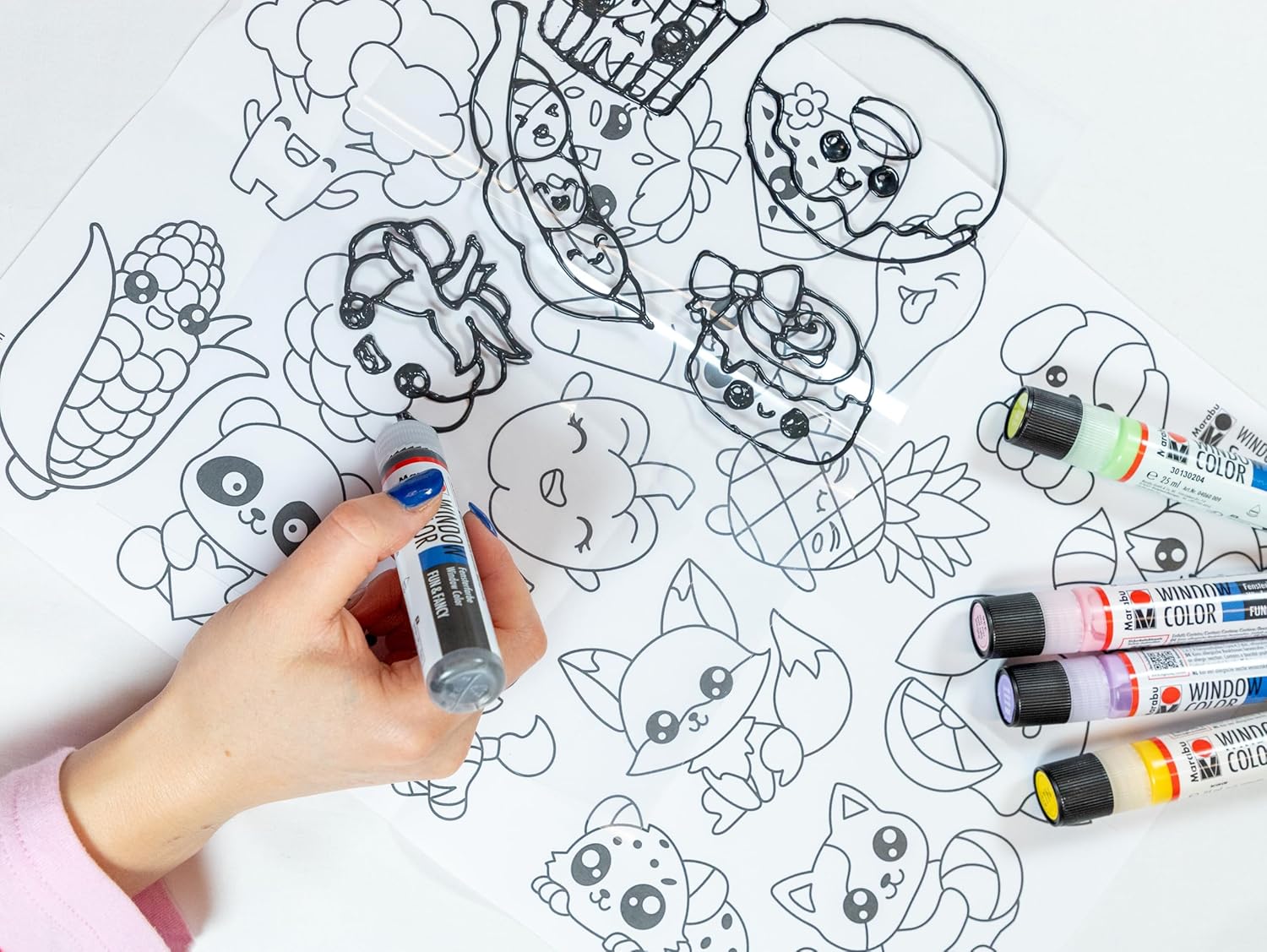 Marabu Window Colour Fun & Fancy "SWEETIES" Water Window Paint 6 Markers with 25 ml Paint Each A3 Colouring Template and A4 Colouring Sheet 0406000000122