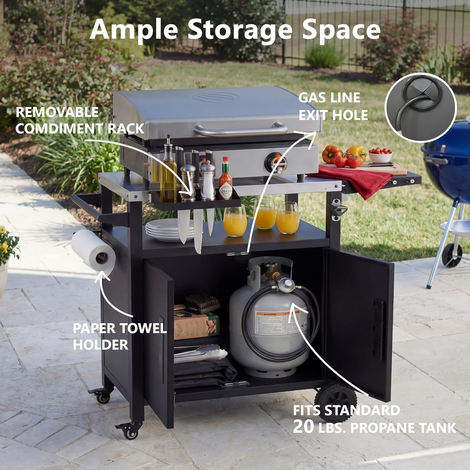 Outdoor Grill Cart with Storage Cabinet,Outdoor Metal Kitchen Island with Foldable Table,Pizza Oven Table with Wheels & Stainless Steel Top & Hooks & Spice Rack for BBQ,Waterproof Cover Included,Black