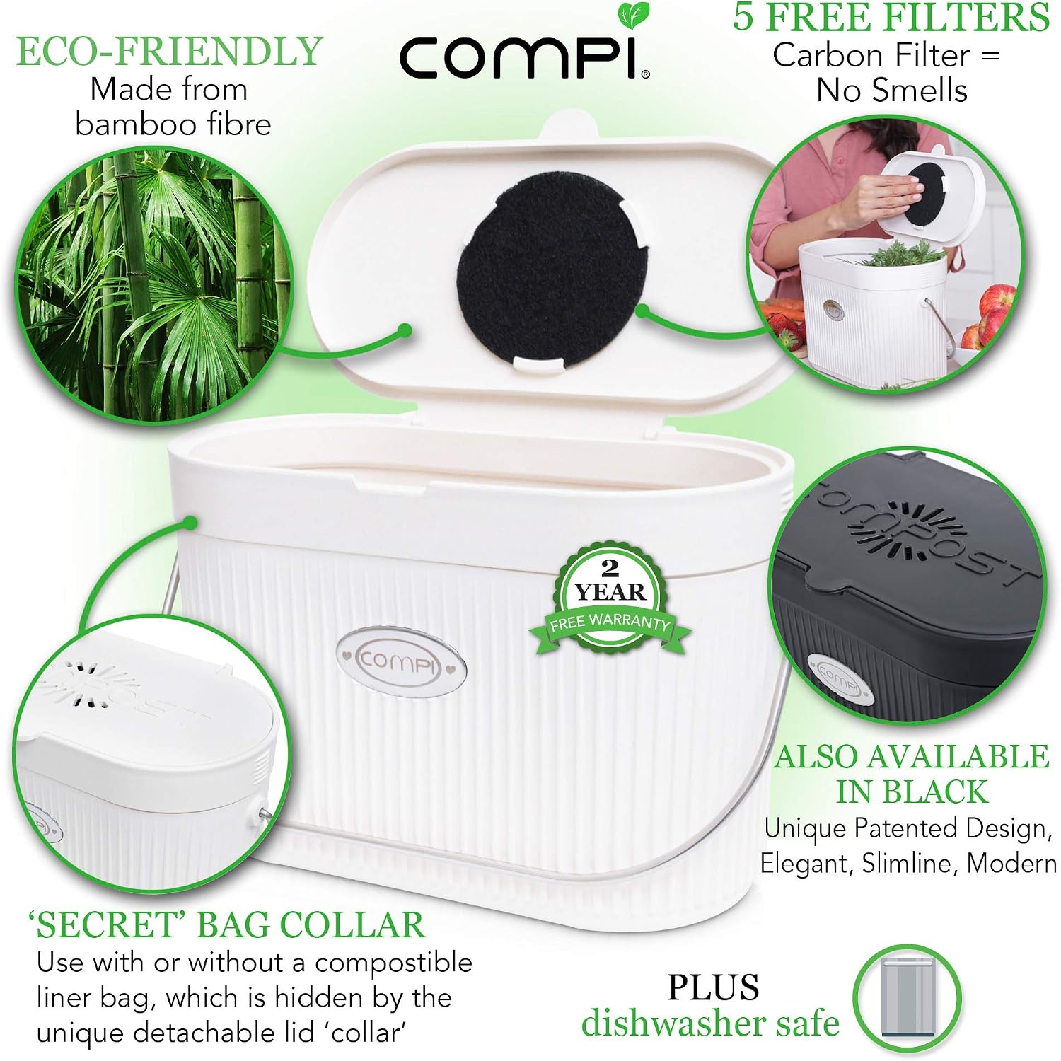 COMPi Bamboo Fiber Indoor Kitchen Compost Bin with Lid, 1.3 Gal, White - Sealed Countertop Container, Dishwasher Safe, Odor-Free with Carbon Filters