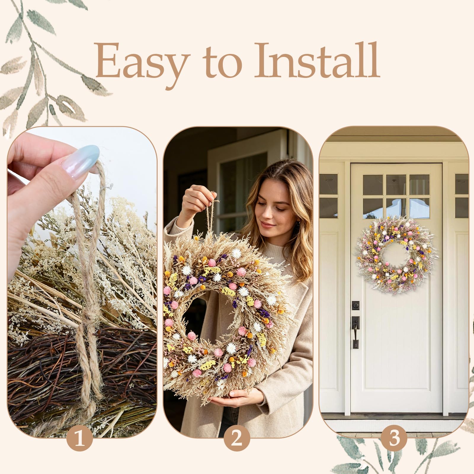Ghirlanda di fiori conservata da 66 cm, realizzata a mano, con fiori rosa, bianchi, gialli e viola, decorazione rustica in stile bohémien, per porta d'ingresso, parete e matrimonio
