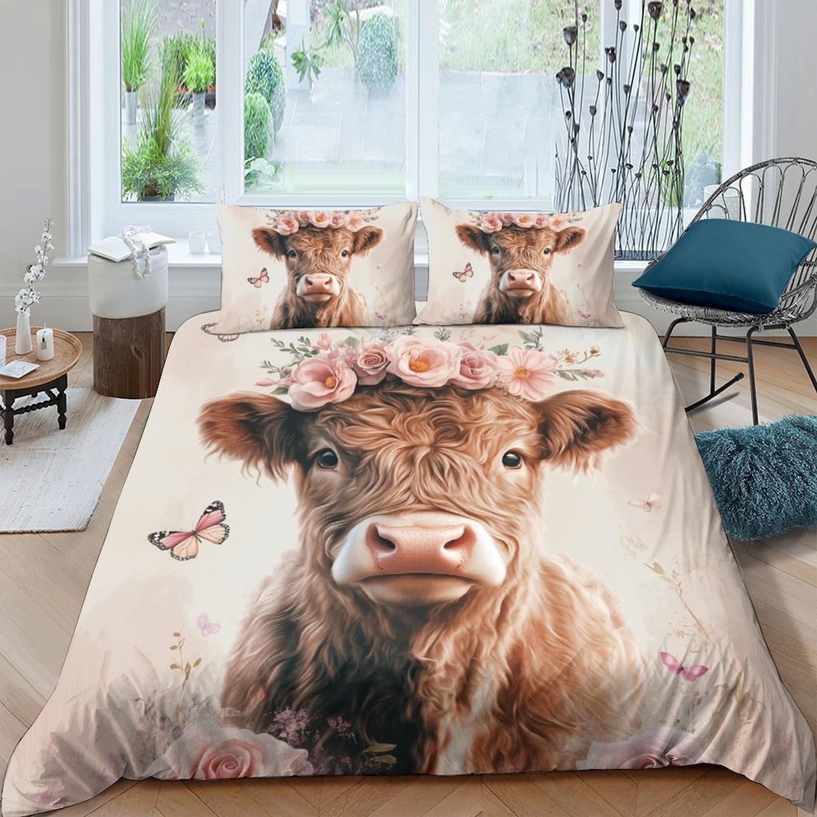 Ctjqhvkz Style-1 3D Printed Highland Cow Fitted Sheet Microfiber Soft Pink Floral Butterfly Mattress Cover For Bedroom Guestroom Decor Single（135X200cm）