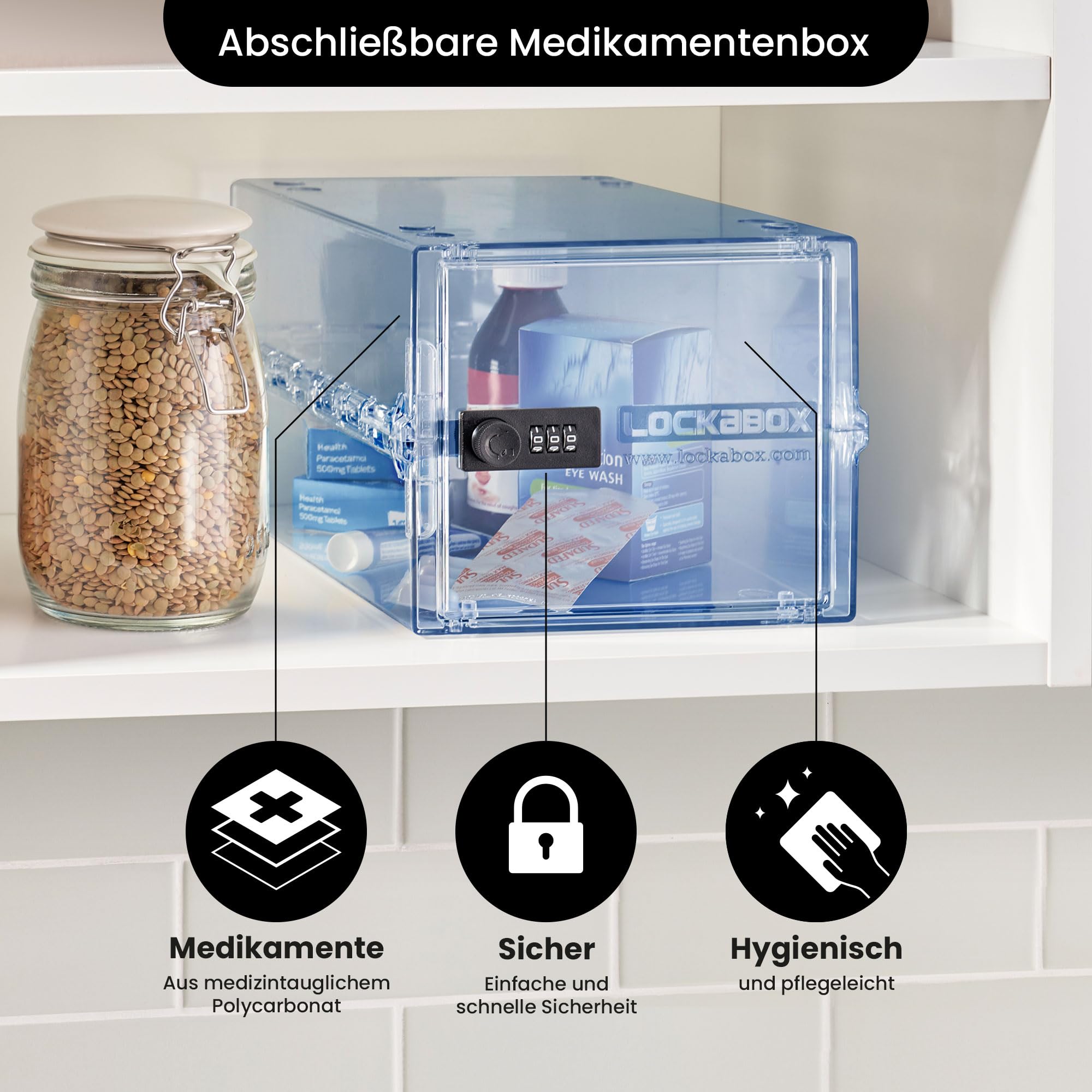 Lockabox One™ | Hochwertige Medikamentenbox mit Schloss für Arzneimittel, Vitamine und Nahrungsergänzungsmittel | Medizinischer Standard und BPA-sicher (Helles Mediblau), Einheitsgröße