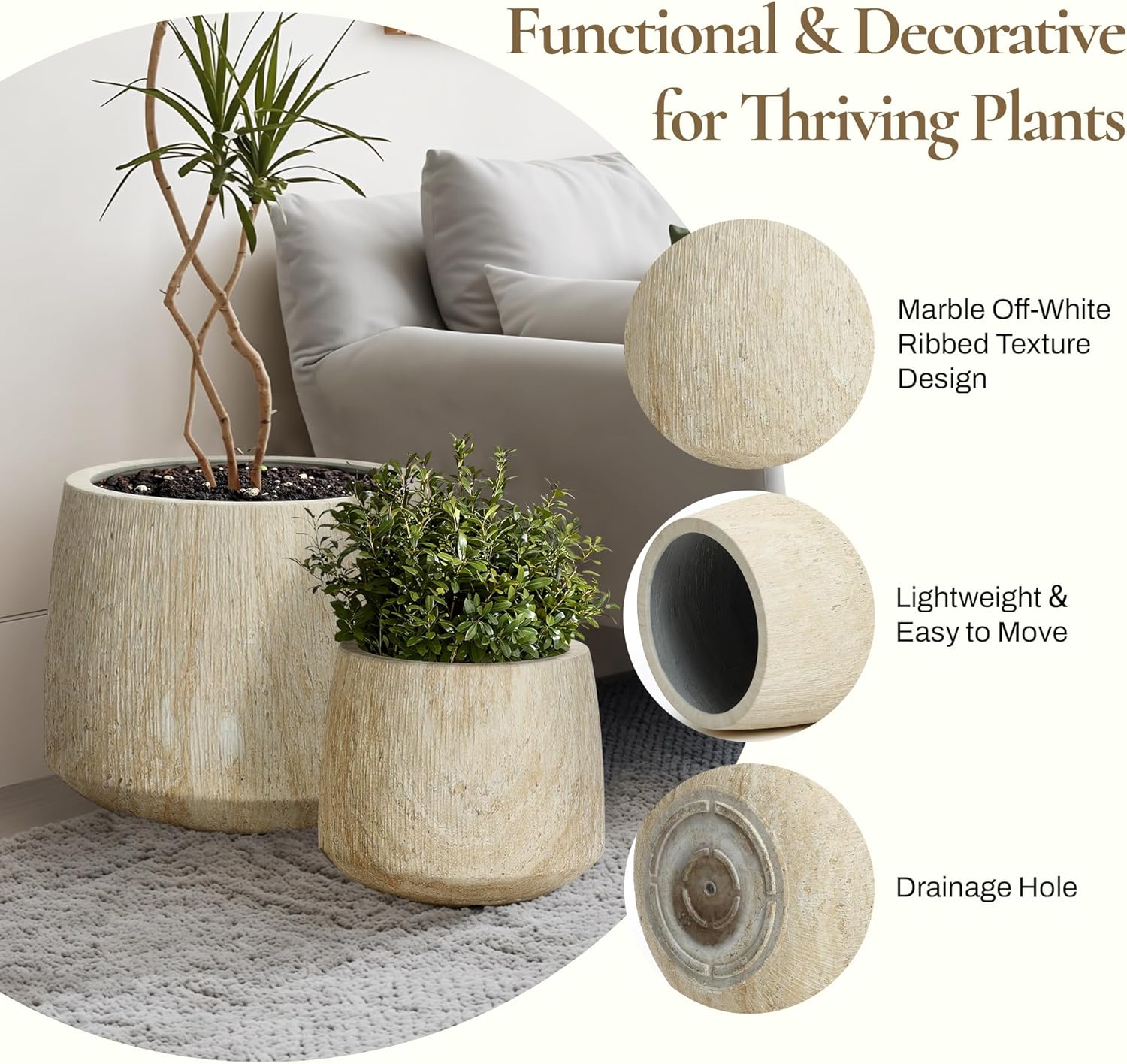 LuxenHome Round Tapered Planters, Set of 2 Outdoor Indoor Plant Pots with Drainage Hole, Decorative Lightweight Flower Pots, Rustic Wood Grain Texture Concrete Planter Pots for Home Garden Patio