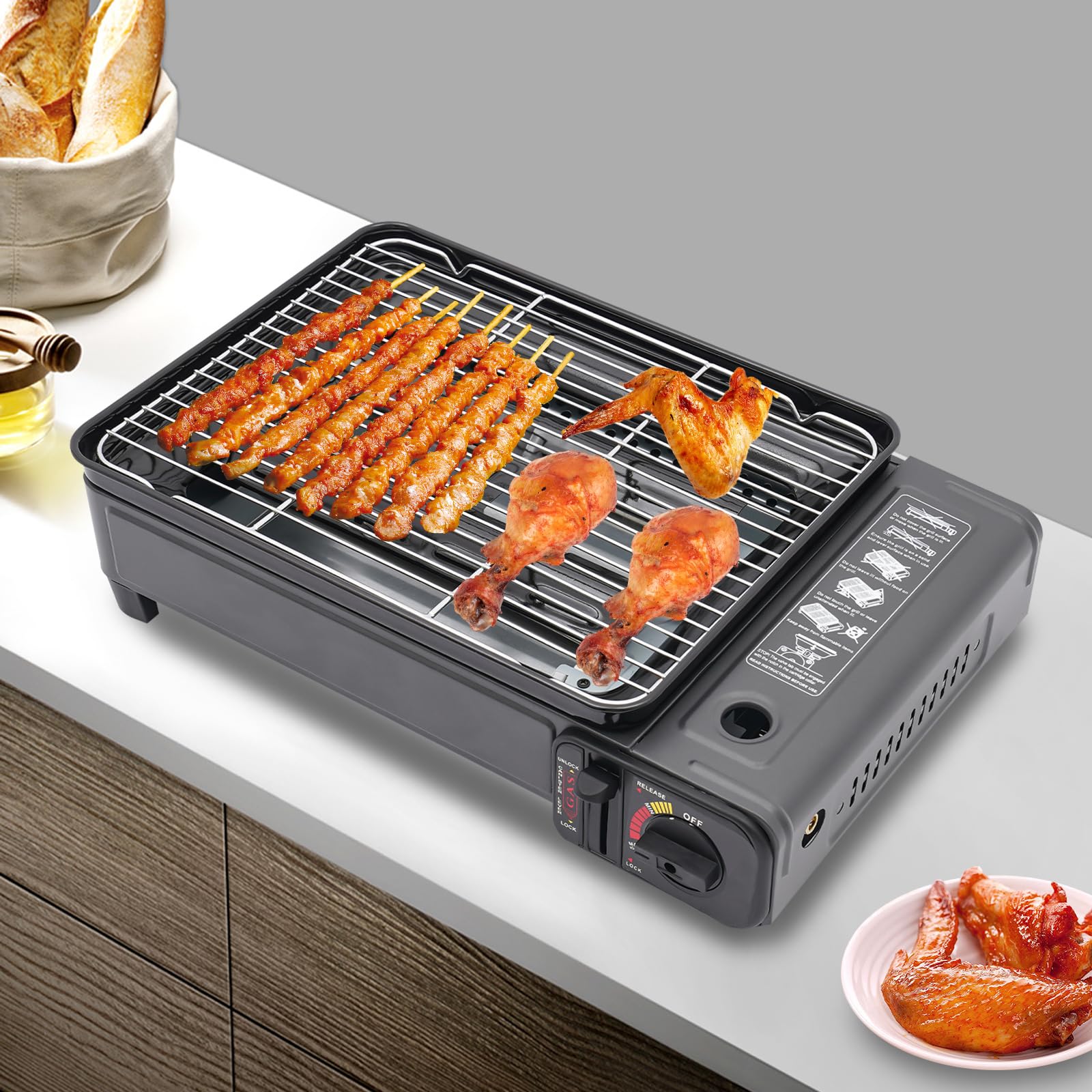 Tragbarer Camping BBQ Grill, 41.5 * 28 * 11cm Mobiler Gasgrill Einstellbare Feuerkraft mit 2 Gasanschlüssen für Picknick, Garten, Terrasse, Camping, Reisen