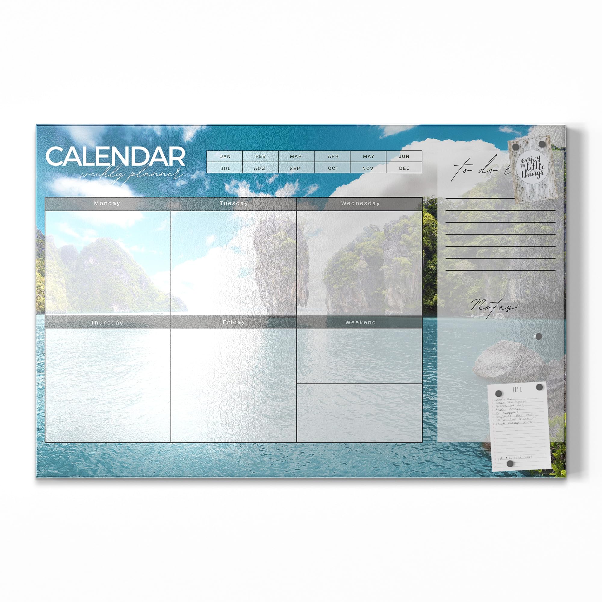DEQORI Lavagna magnetica in metallo, 90 x 60 cm, motivo "Agenda settimanale asiatica (EN)", lavagna bianca per tutti i magneti, lavagna magnetica da parete per cucina e ufficio, bacheca magnetica