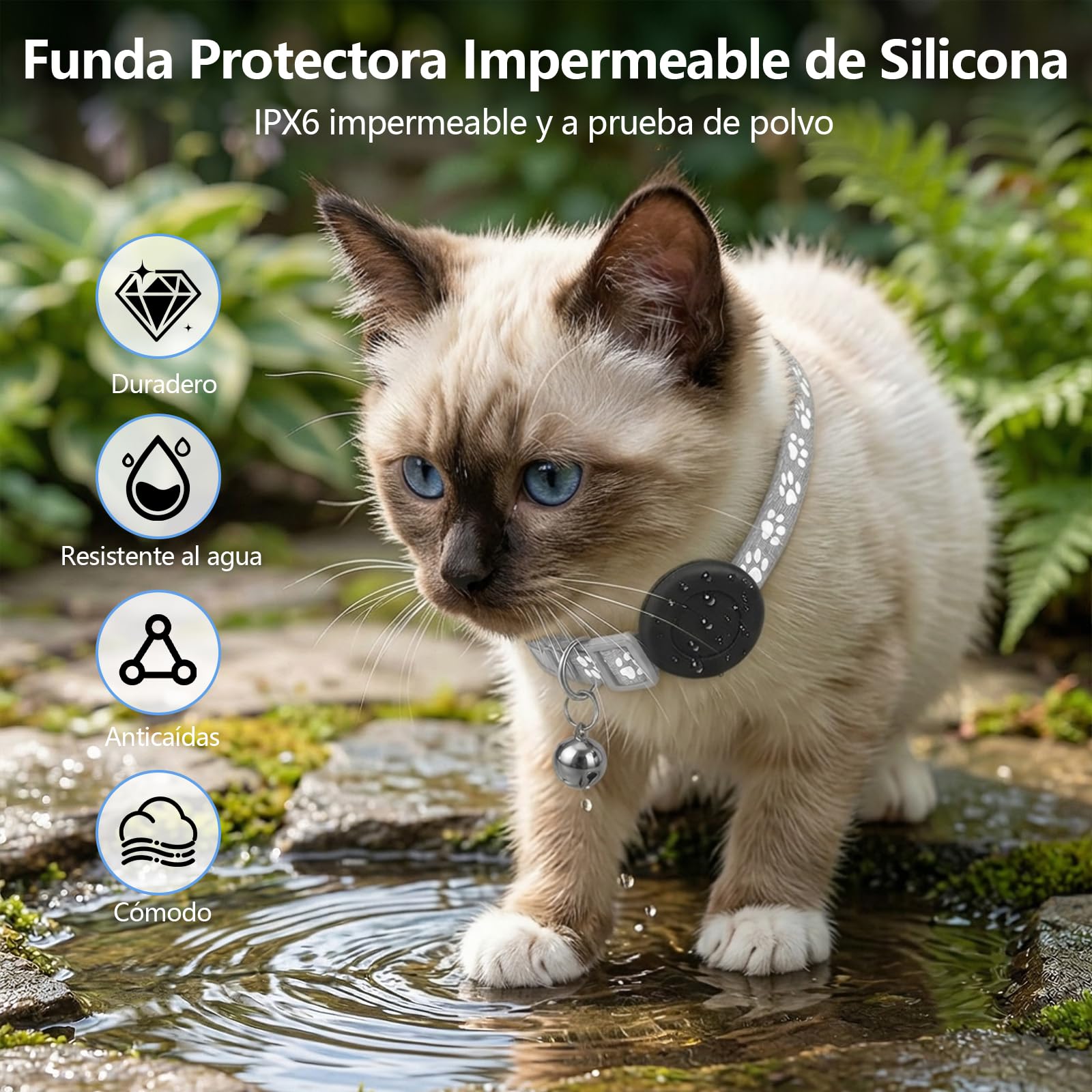 GPS Gatos, Localizador GPS Perros Compatible con Sistemas iOS y Android, GPS Perros/Gatos Sin Suscripción, Posicionamiento Global en Tiempo Real, Resistente al Agua IPX6, Collar Ajustable - Gris