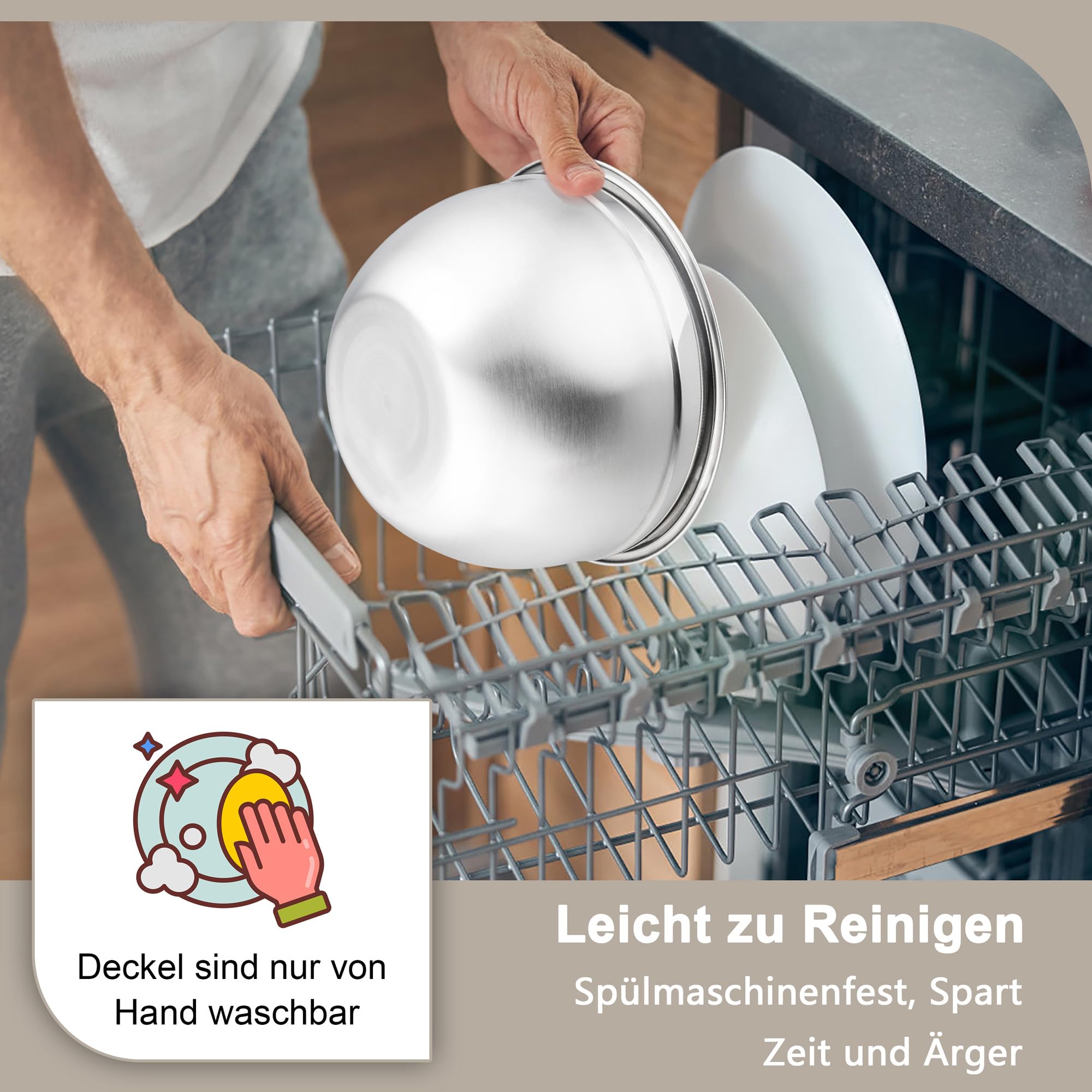 Joyfair Rührschüssel, 4,5 L Edelstahl Salatschüssel Schüssel mit Luftdichten Deckel & Abnehmbarem Deckel, Schüsseln mit 3 Reibenaufsätzen zum Backen/Kochen/Zubereiten, Spülmaschinenfest - Khaki