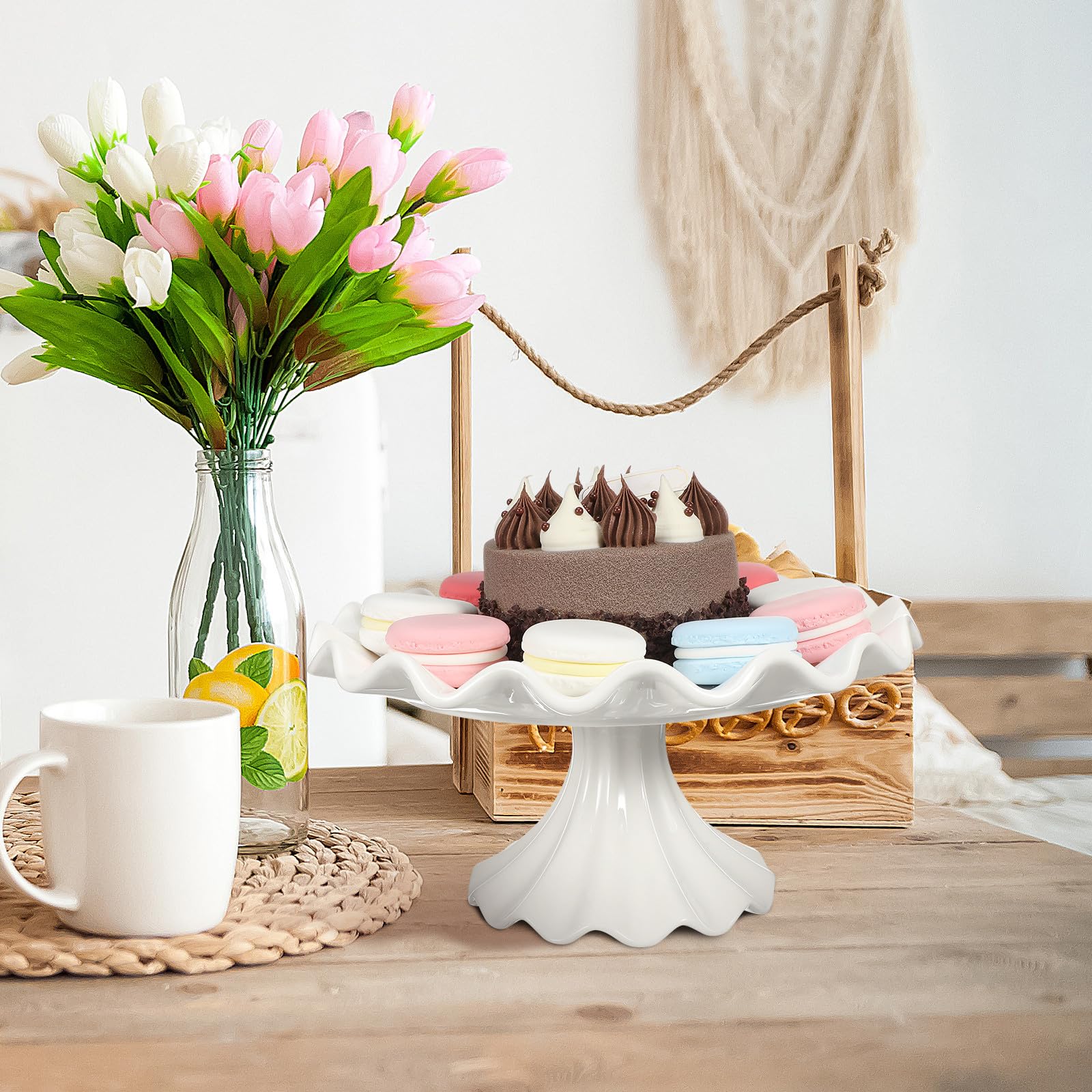 Veemoon Soporte de Cerámica para Tartas Vintage Pedestal de 24 Cm, Plato de Postre Borde Ondulado y Base Estable, Adecuado para Exhibición de Cupcakes y Eventos como Bodas y Cumpleaños