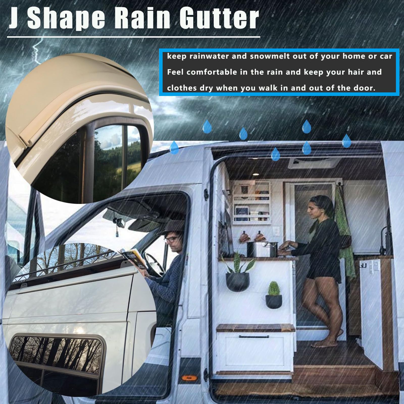 Gouttière anti-pluie, bande autocollante en PVC en forme de J, pour porte de voiture, camion, camping-car, bateau, van - Noir, 9 m