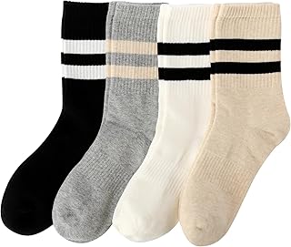 Cotton Fashion Striped Crew Socks - 4 Pairs of Cozy Thermal Ankle Socks for Women, Stylish Women's Casual Warm Athletic So...