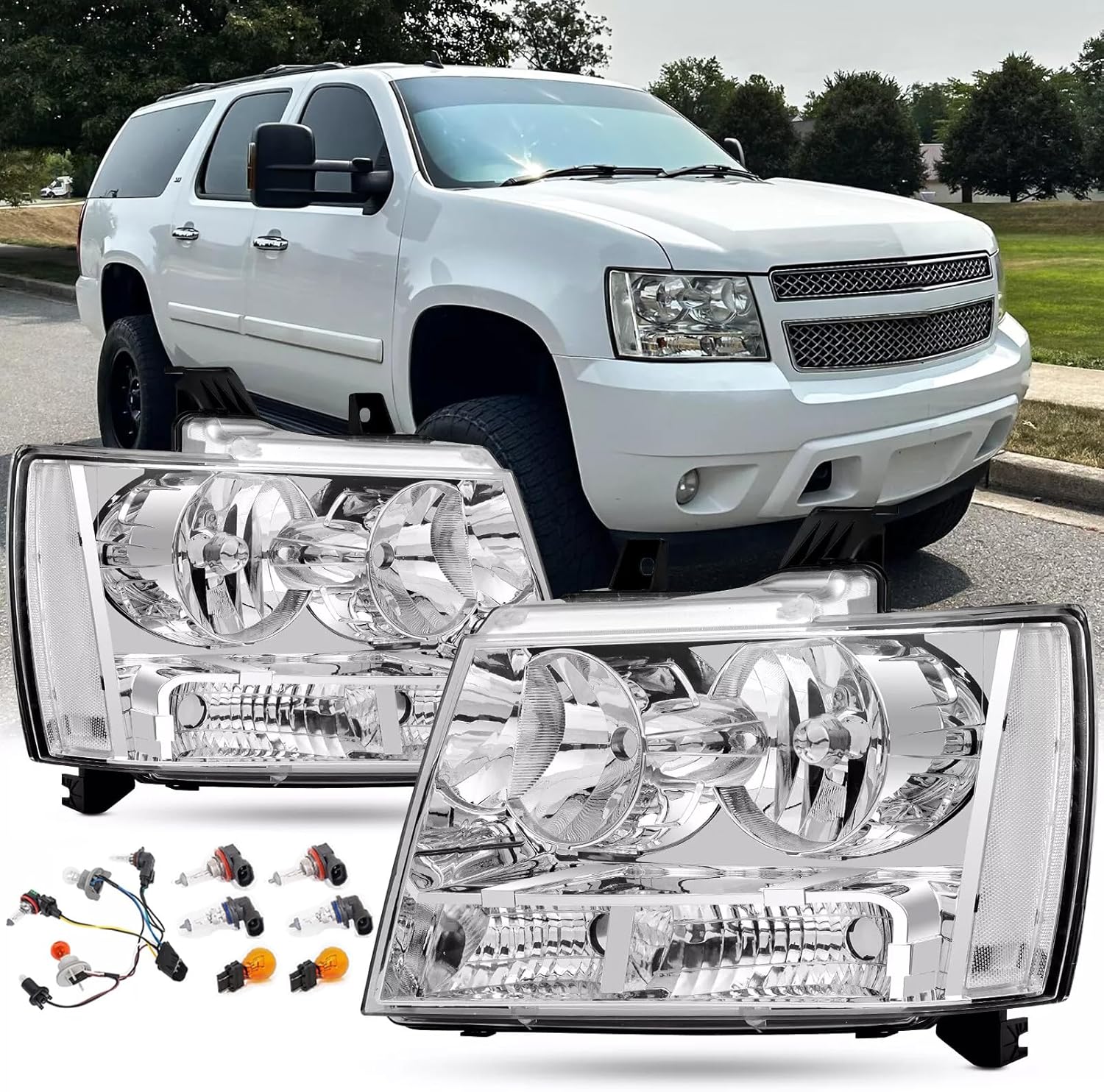 Headlights Assembly Set With Bulbs and Harness For 2007 2008-2014 Chevy Tahoe Suburban 1500 2500/2007-2013 Chevy Avalanche 1500 LT LS LTZ Replacement Headlamps Chrome Housing Clear Reflector(LH&RH)