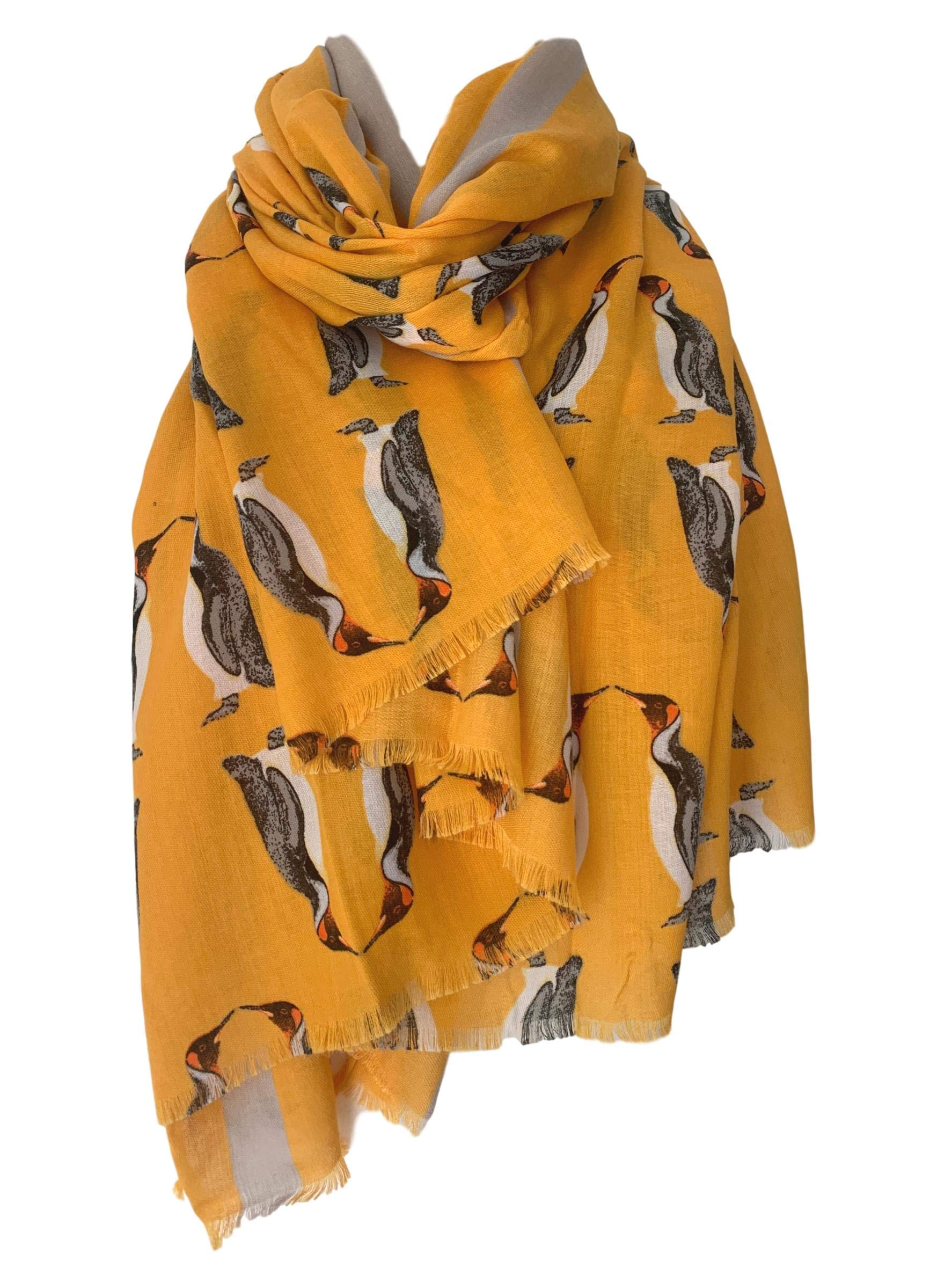 Purple Possum® Penguin Scarf Ladies Mustard Yellow Shawl Cotton Blend Large Penguins Bird Birds