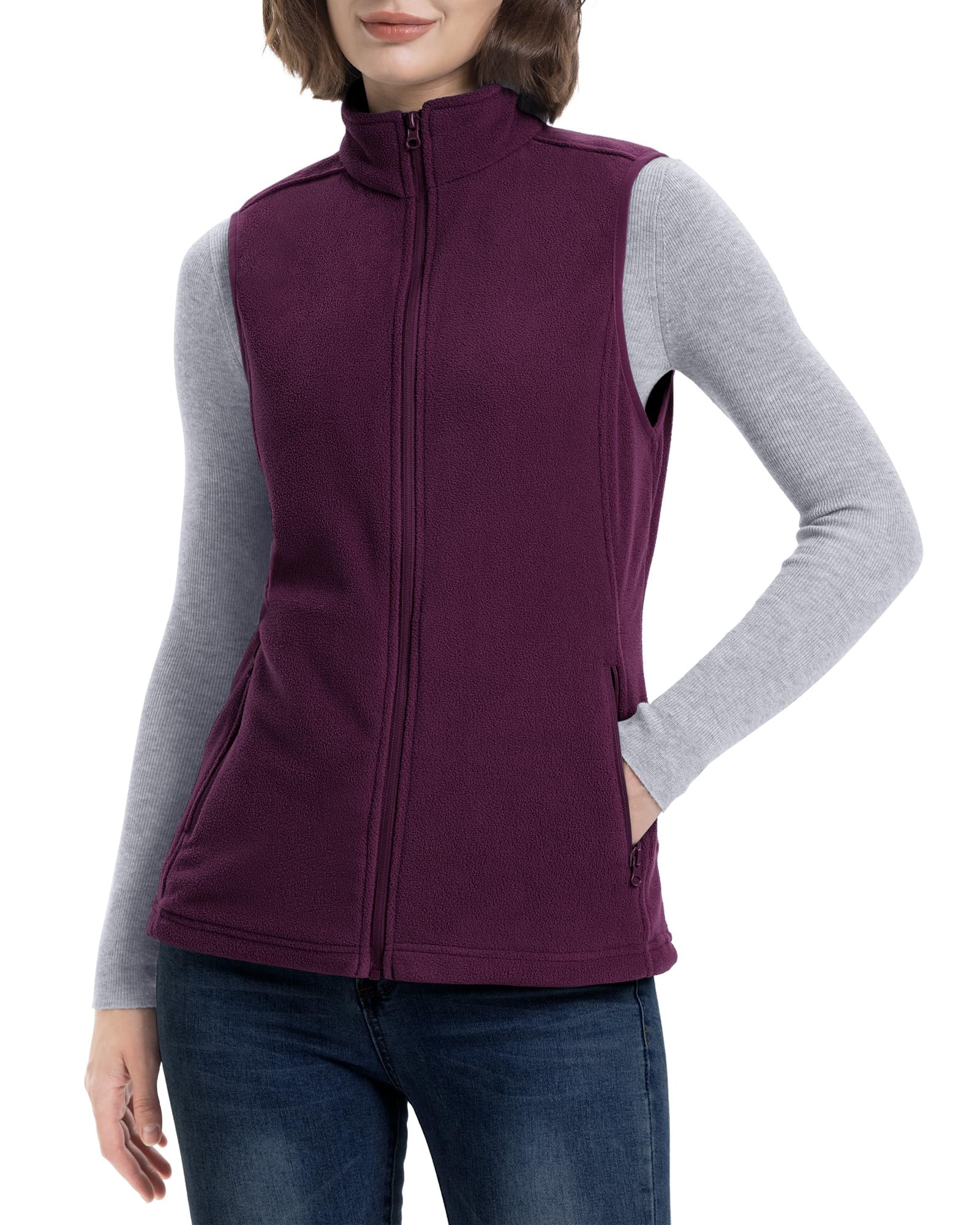 33,000ft Damen Fleece Weste Jacke Standkragen Ultraleicht Outdoor Westen Tops mit Taschen Reißverschluss Gilets Damenweste