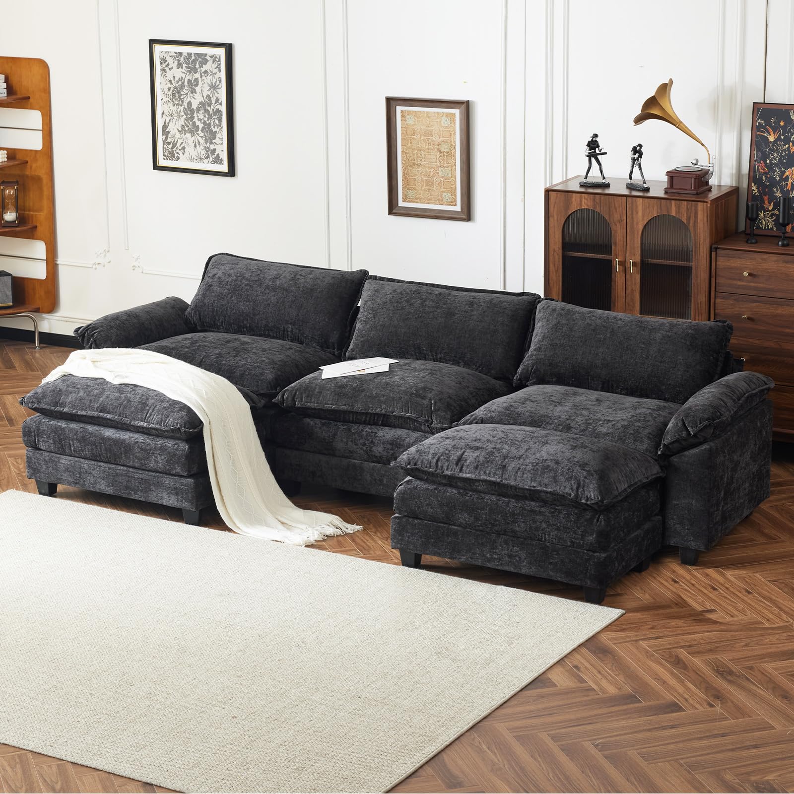 VINGLI 122" Cloud Double-Layer Deep Convertible Sectional Sofa, Comfy L-Shape 3-Seat Couches for Living Room, Modern Couch with Two Movable Ottoman