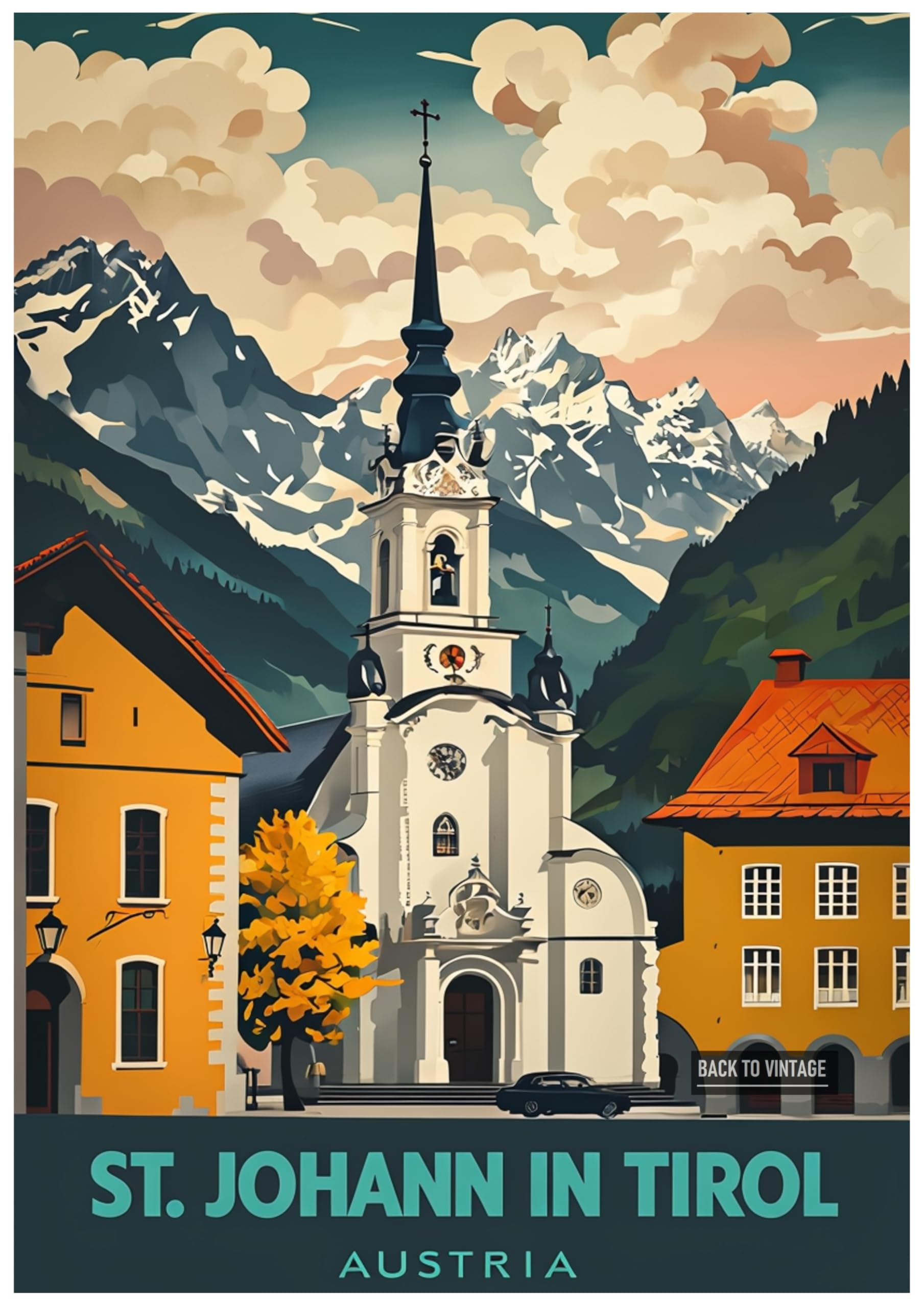 Vintage Travel Poster Depicting St Johann In Tirol Austria - Retro Europe Travel Poster A4 Size Vintage Wall Art Print of Famous European Destinations Ideal for Home or Office Decor