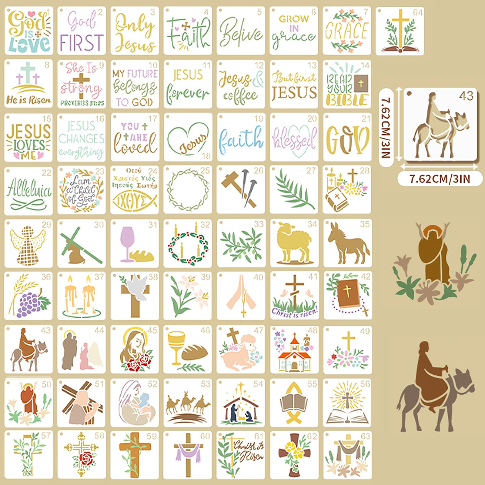 64 Pcs Christian Stencil Set – Reusable Bible Verse and Faith, Mehndi Stencils, Cross, Easter, Christmas, Scallop Wall Designs – Stencils for Painting on Wood, Fabric, DIY Crafts, Home Decor