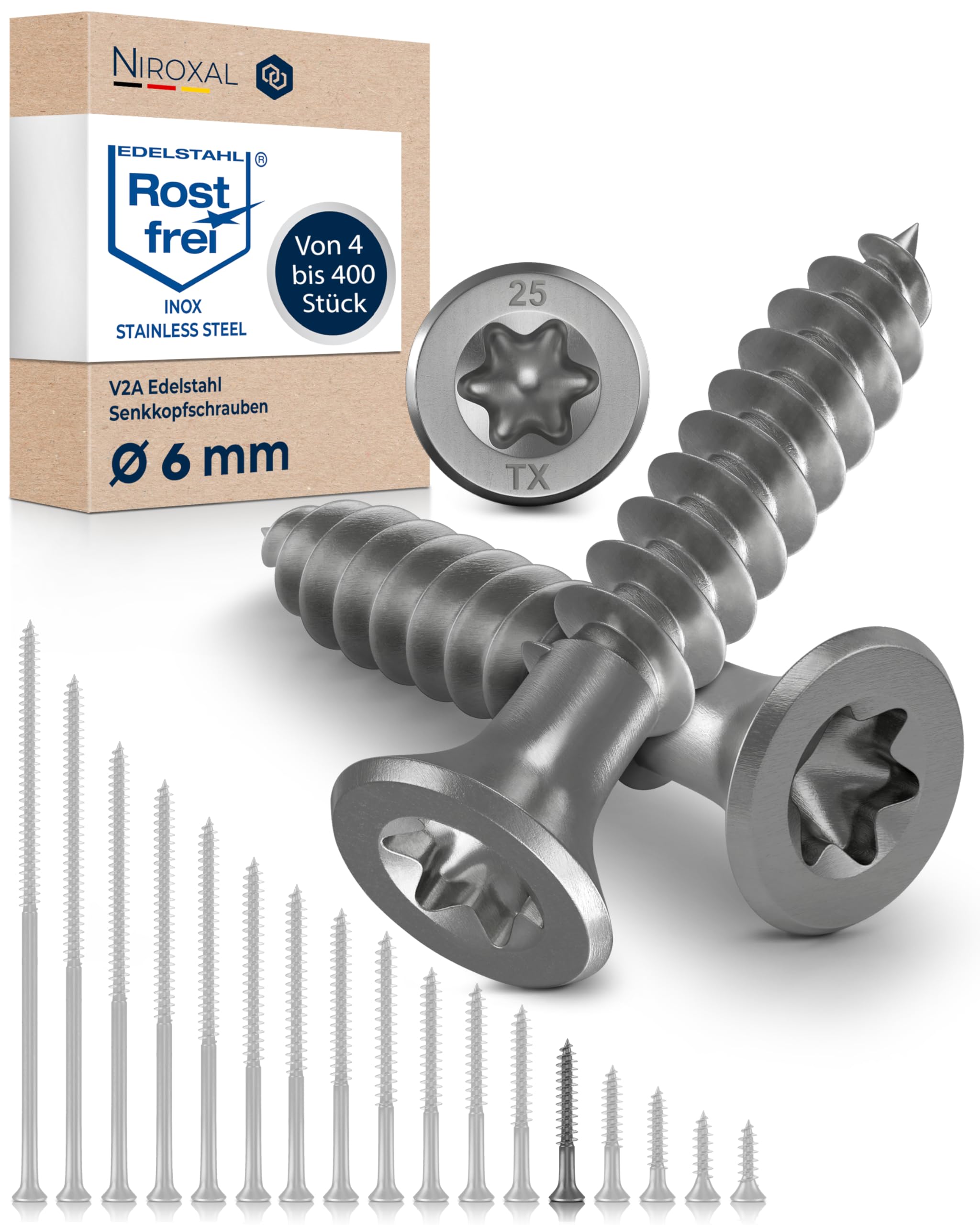 Edelstahlschrauben Torx Holzschrauben 6x40 Edelstahl V2A rostfrei Spanplattenschrauben für Holz Teilgewinde 6mm stark 40mm lang 200 Stück Schrauben Holz A2