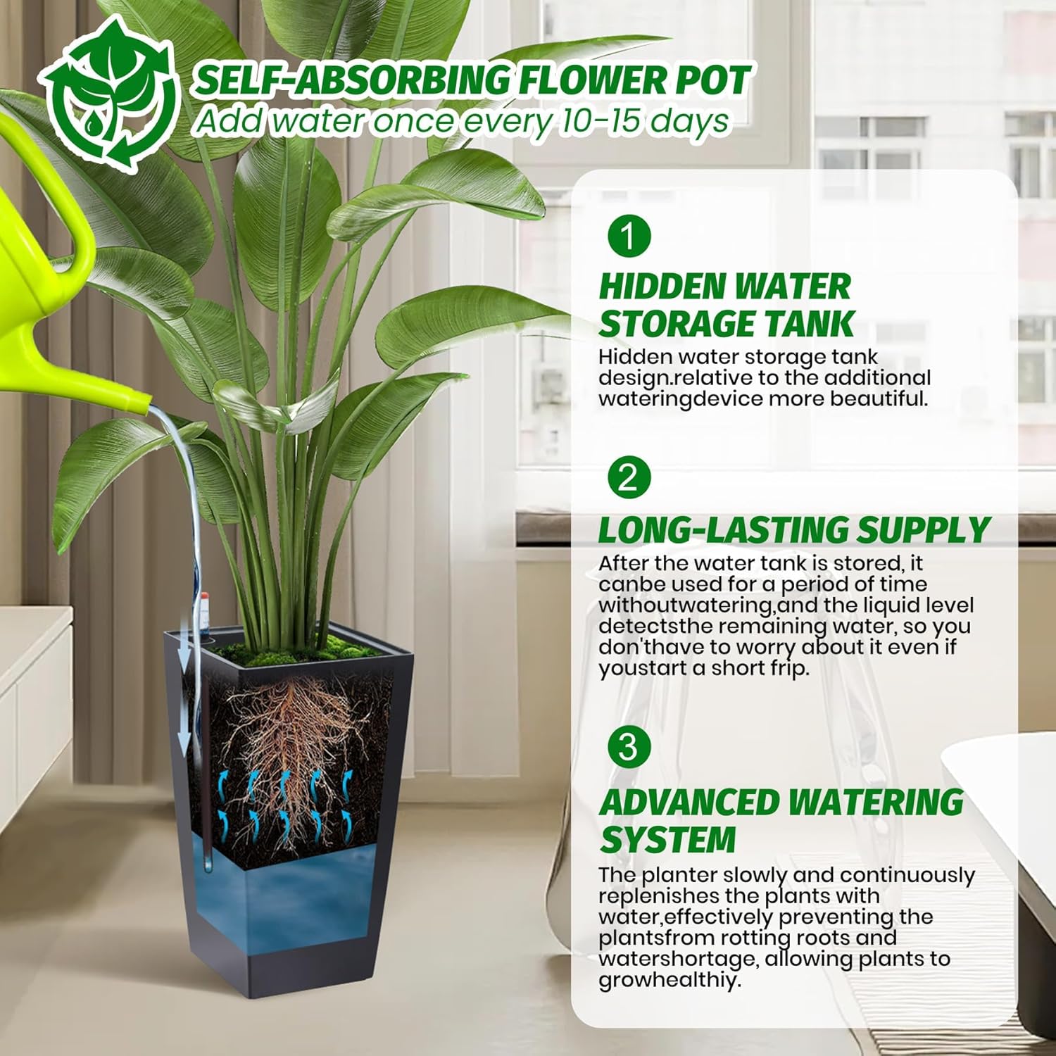 16 Inch Tall Planters Set of 2, Outdoor and Indoor Black Planter Pots with Drainage Holes, Water Level Monitor, Inner Bucket, and Automatic Watering System, Perfect for Front Porch and Garden